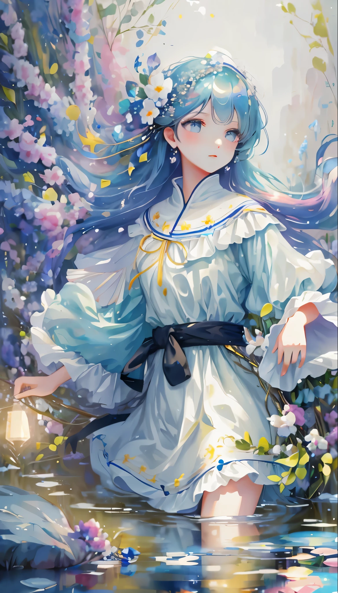(masterpiece), (best quality), (Super detailed),(Disk hair),(illustration), (1girl), (fashion clothing), Permanently installed, fashion model, looking at the audience, (interview), (simple background), beautiful and delicate eyes, Exquisite and beautiful face, floating, (high saturation), (colorful splash), Colorful bubbles, (shine), focus on face, Ayaka Kamisato, light blue hair, Bangs, Hair ring, floating flowers, floating hair. girl, anime grandma, looking at the audience, Very detailed, reflective transparent iridescent colors, Transparent iridescent RGB long hair, Works by Serafleur from artstation, thick acrylic, illustration on pixiv, waist up portrait, Gorgeous saints, best quality, super detailed, sad, clever, pretty face, Character styles rendered by Octane,