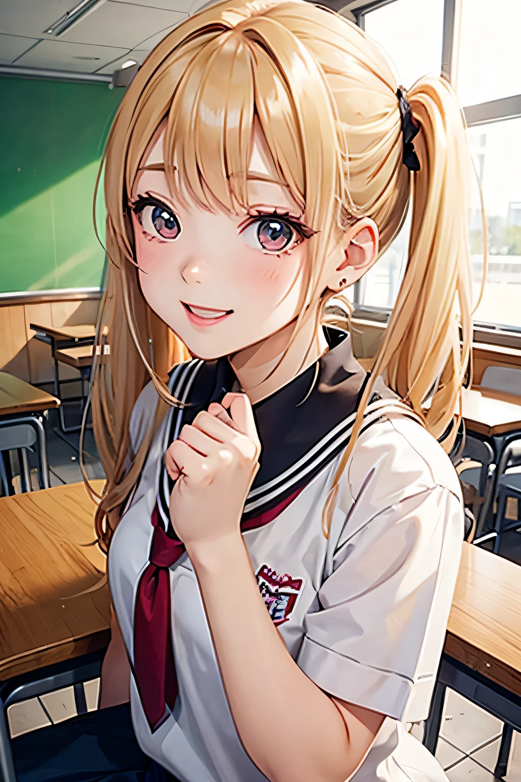blonde、girl、twin tail hair、classroom、sit、close up of face、smile、Stretch your hands forward