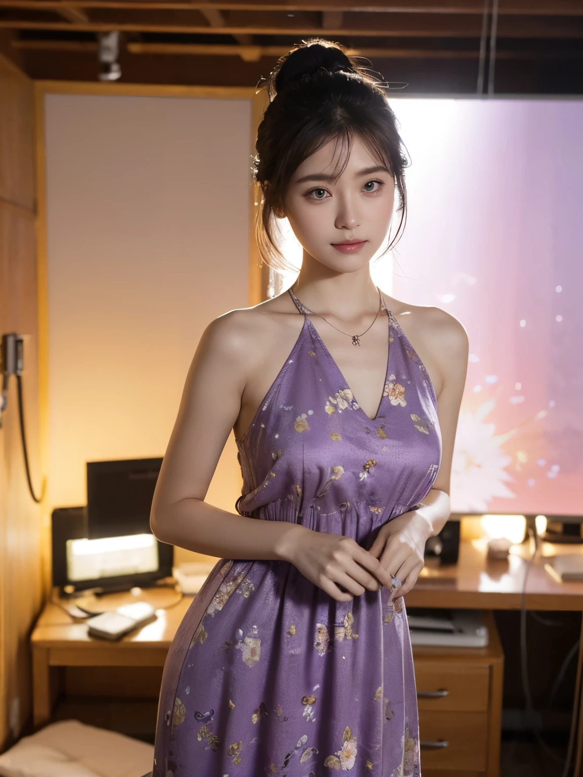 high-definition images, atmospheric perspective, 8k, super detail, accurate, best quality, angle from below, a woman, drooping eyes, sleepy face, blush,(floral purple dress), , necklace, standing portraits ,day scene, pagoda view, hair up, acmm's outfit, black acmm's top , black printed acmm's skirt, holding little serum skincare bottle, posing, in studio, shooting lighting, focusholding little serum skincare bottle, posing, in studio, shooting lighting, focusholding little serum skincare bottle, posing, in studio, shooting lighting, focus
