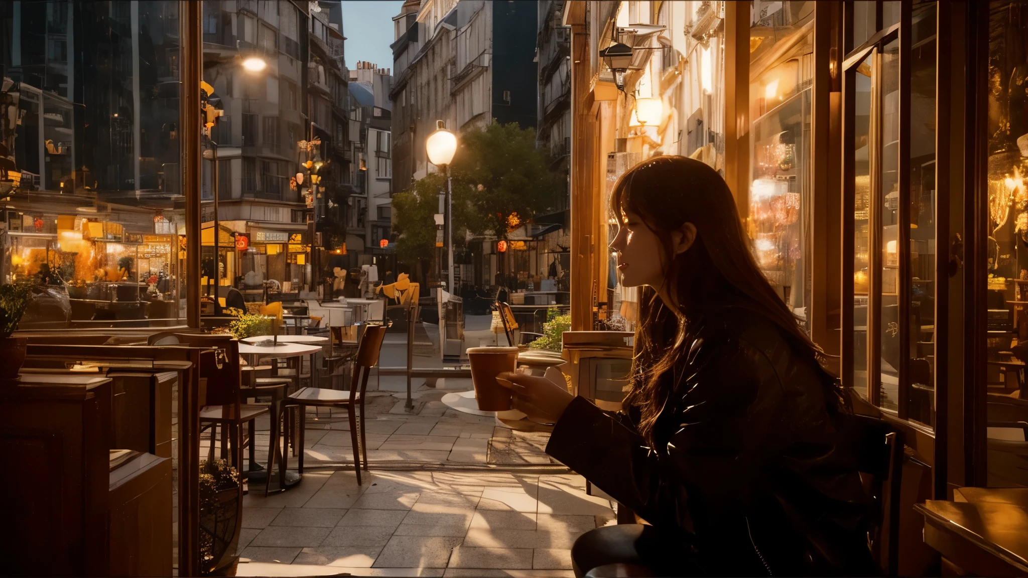 woman sitting and drinking coffee,Photographed from outside,night,light up