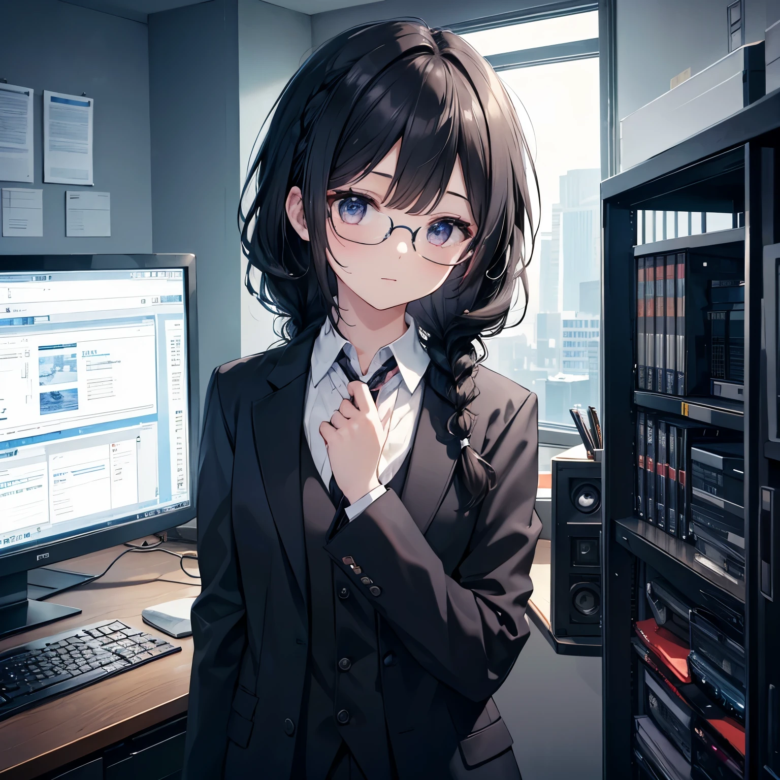 (highest quality), (masterpiece), 1080P, HD, 4K, 8K, Glasses, black hair, braided hair, suit, Check out the documentation, look at computer, Data room
