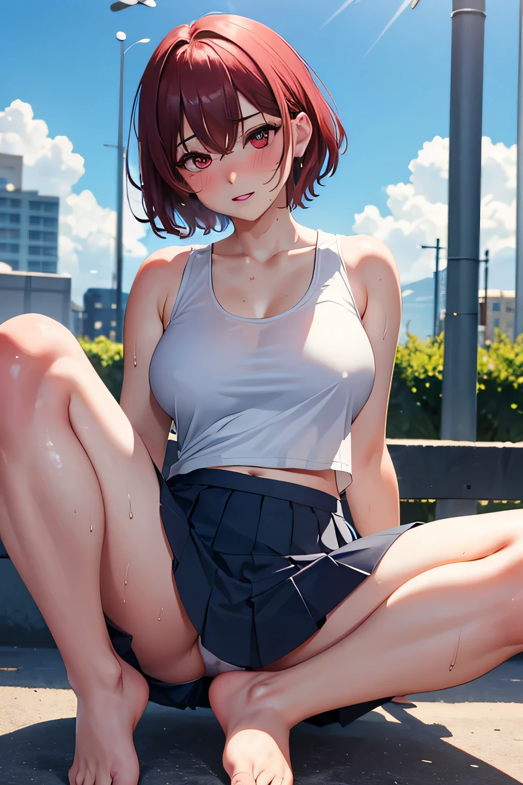 ((4k, masterpiece, highest quality)), 1 girl, anime, short hair, red eyes, big breasts, cute, blush, Sweat,check pleated skirt, underwear, spread your legs, Wet, white tank top, barefoot, whole body, uniform