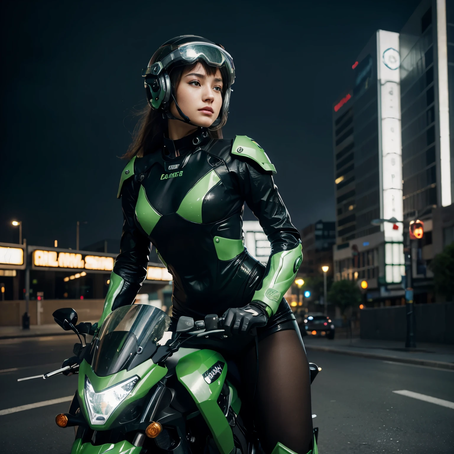 Highest image quality, outstanding details, ultra-high resolution, (realism: 1.4), the best illustration, favor details, highly condensed 1girl, with a delicate and beautiful face, dressed in a black and green mecha, wearing a mecha helmet, holding a directional controller, riding on a motorcycle, the background is a high-tech lighting scene of the future city. surreal illustration, surreal rendering, clean digital rendering, photo realistic rendering, surreal illustration