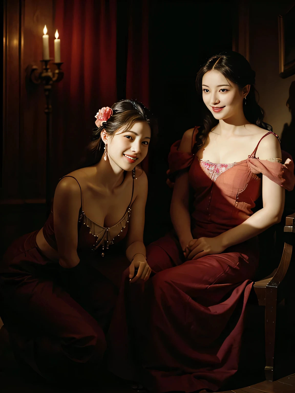 full body portrait ,fruits,Rose ,flower,Rosa,antique,A smile,,Sweet and seductive appearance.、Rubens paintings、Chiaroscuro of Caravaggio,Two women frolicking,Cute smile, Expression of ecstasy,sexy