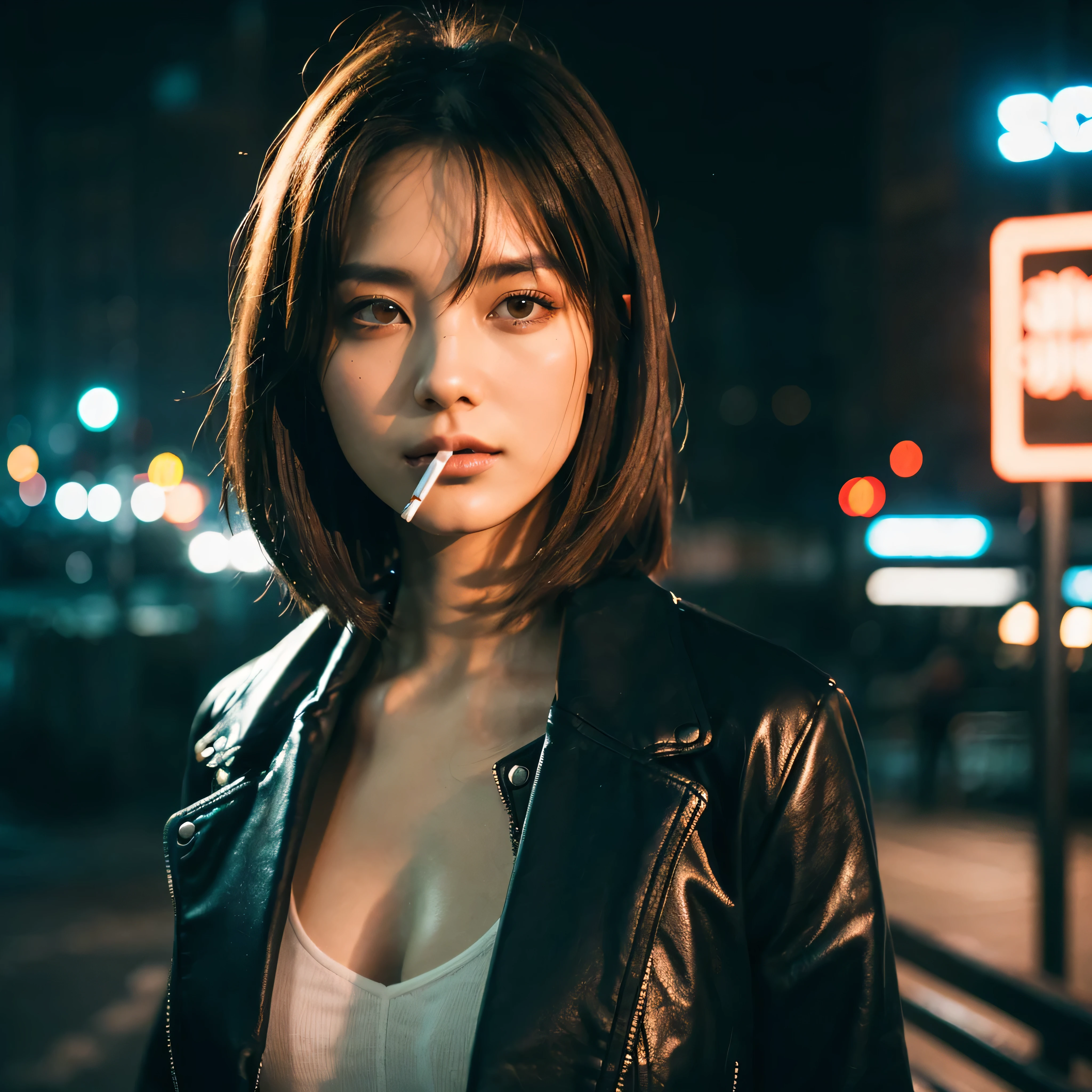 (Best Quality, Masterpiece, Ultra High Definition, High resolution, highly detailed, High Definition Face:1.5), (20-year-old woman, full body photo:1.3), 1 beautiful woman, (Beautiful woman with a cigarette in her mouth, Smoke is coming out of the cigarette:1.5), (beautiful woman wearing Beautiful woman wearing a leather jacket, neon color fashion:1.3), (beautiful eyes, light in the eyes, eyes are in focus), white skin, Glossy, shiny skin, very Fair skin, (film photography style, photo with strong shadows, Background neon light, City of night, cyber punk:1.2), Poker face, violently fluttering hair, random hair styles, random hair color, Slim Big Breasts, 