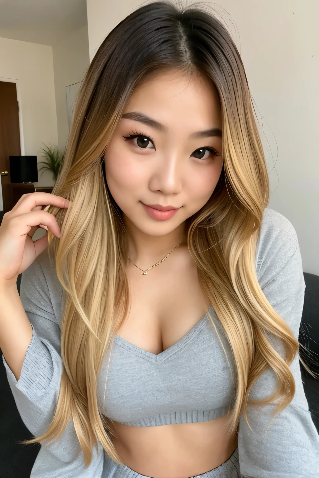 cute sexy girl 23 years old Asian ,crawls towards the viewer (blonde hair, long hair), big brown eyes, , clothing top