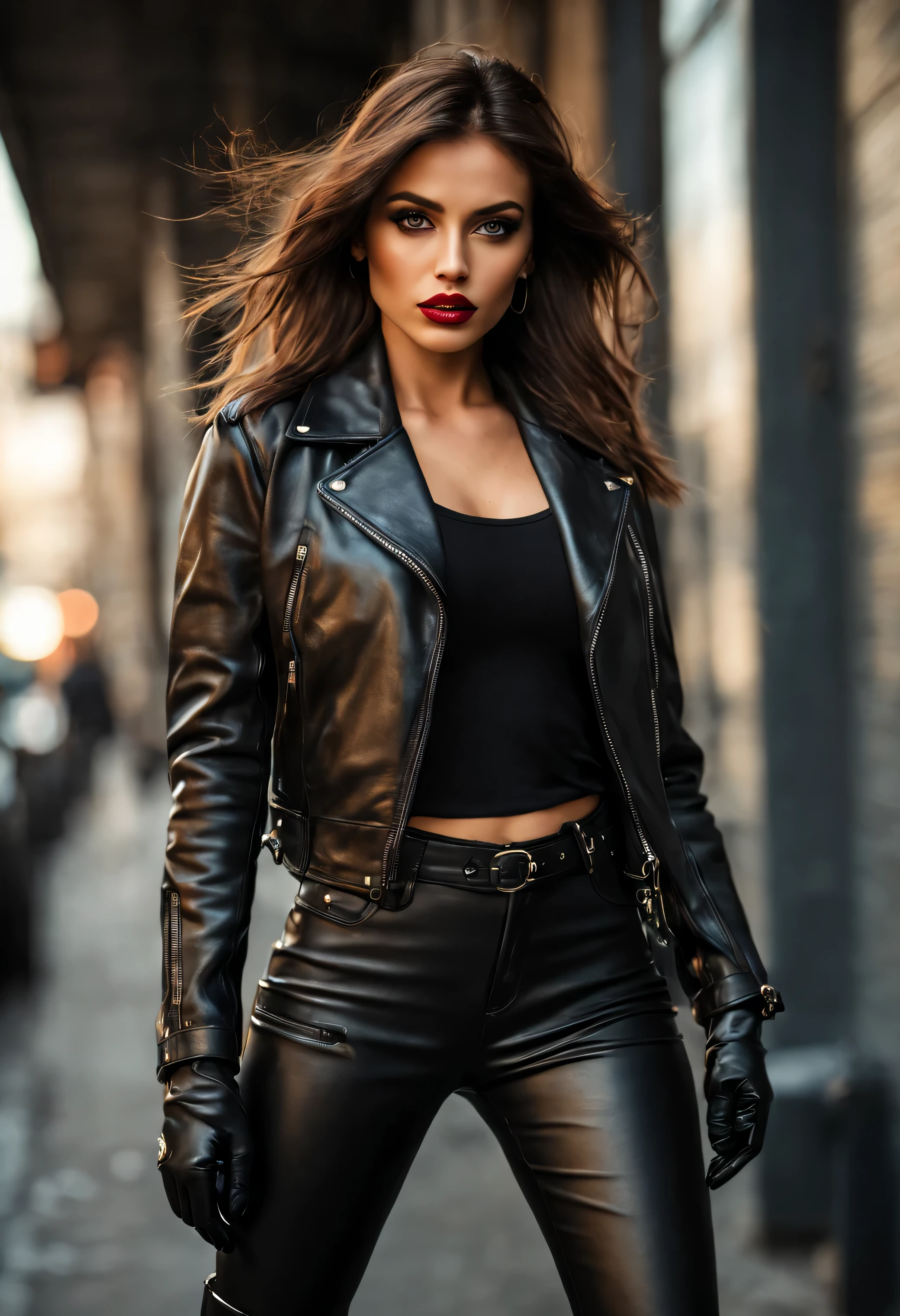 (best quality,4k,8k,highres,masterpiece:1.2),ultra-detailed,(realistic,photorealistic,photo-realistic:1.37),Lola,brunette influencer,leather outfit,stylish,confident,beautiful detailed eyes,beautiful detailed lips,extremely detailed eyes and face,long eyelashes,modern,urban location,cityscape backdrop,bright and vibrant colors,studio lighting,dramatic shadows,edgy fashion,high contrast,gritty atmosphere,lens flare effect, smokey eye makeup,leather gloves,posing with attitude,striking pose,sleek and shiny hair, classy biker boots,grunge aesthetic,cool and composed demeanor,glamorous appearance,street style fashion