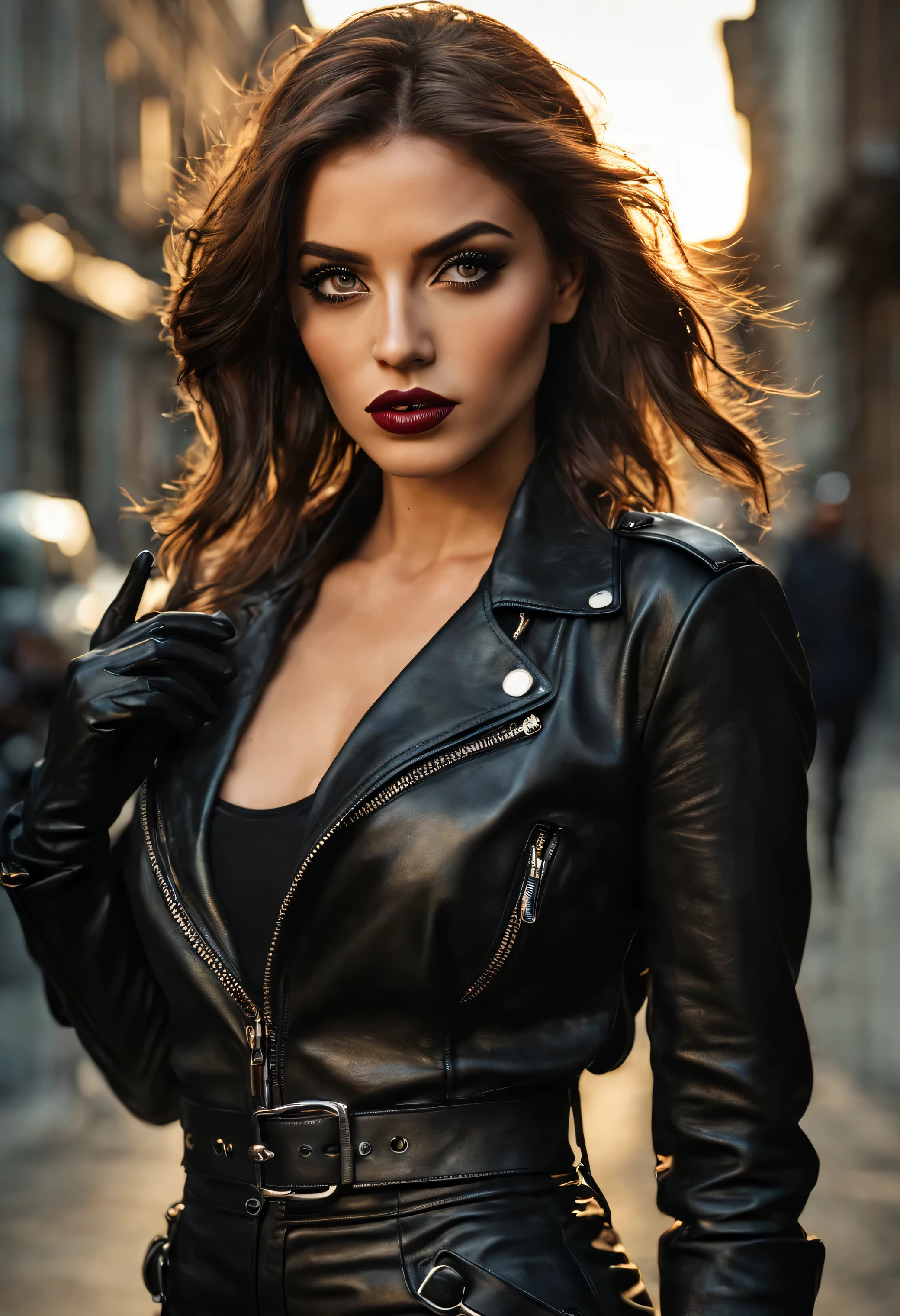 (best quality,4k,8k,highres,masterpiece:1.2),ultra-detailed,(realistic,photorealistic,photo-realistic:1.37),Lola,brunette influencer,leather outfit,stylish,confident,beautiful detailed eyes,beautiful detailed lips,extremely detailed eyes and face,long eyelashes,modern,urban location,cityscape backdrop,bright and vibrant colors,studio lighting,dramatic shadows,edgy fashion,high contrast,gritty atmosphere,lens flare effect, smokey eye makeup,leather gloves,posing with attitude,striking pose,sleek and shiny hair, classy biker boots,grunge aesthetic,cool and composed demeanor,glamorous appearance,street style fashion