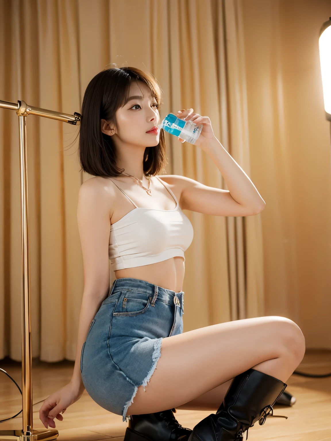 high-definition images, atmospheric perspective, 8k, super detail, accurate, best quality, angle from below, studio portraits shoot ,a woman, ((holding a serum ( skincare product) bottle)),drooping eyes, sleepy face, blush, in the studio, model for photoshoot, posing , dropping serum on her face with applicator, (( hand up over face 45° and holding applicator , which is used for dropping serum)) , (water drop on face) where applicator applied, ((bo bc hair, short hair , length below ears)) high boots, necklace, ivory tube top and jeans short pant, studio scene, dark , flashlight on , ((bo bc hair))holding little serum skincare bottle, posing, in studio, shooting lighting, focus