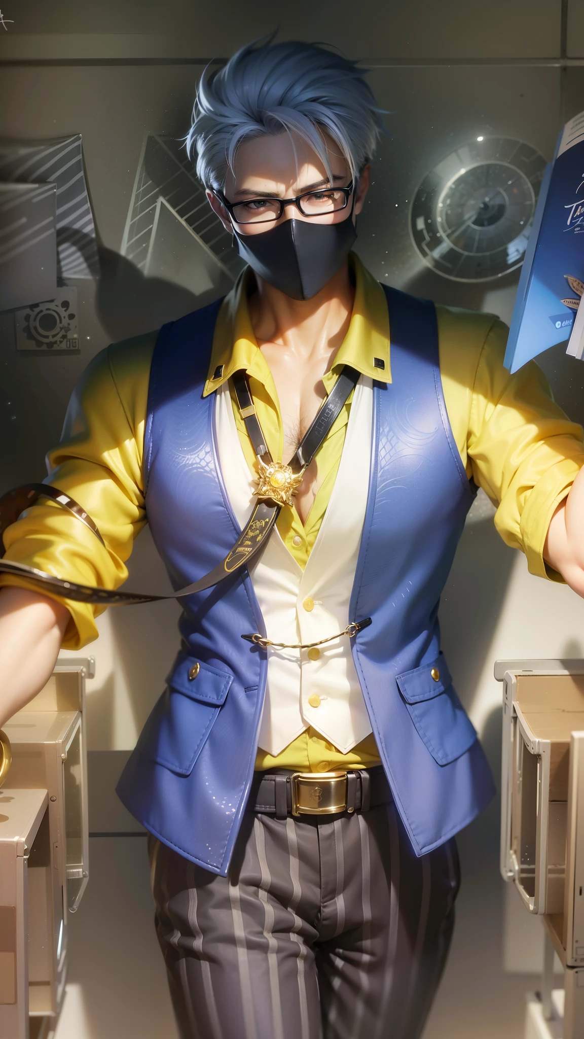 Best quality, masterpiece, detailed skin texture, detailed clothes texture, detailed face, super detail, 8k, intricate detail, 1 boy, The color doesn't change, Muscle guy, 1 guy, white hair, anime character with a mask and glasses holding a book, inspired by Cao Buxing, range murata and artgerm, style ivan talavera and artgerm, style of artgerm, sakimichan frank franzzeta, artgerm. high detail, character splash art, inspired by Huang Shen, artgerm. anime illustration, strong yellow eye glow (yellow eye:1.2)