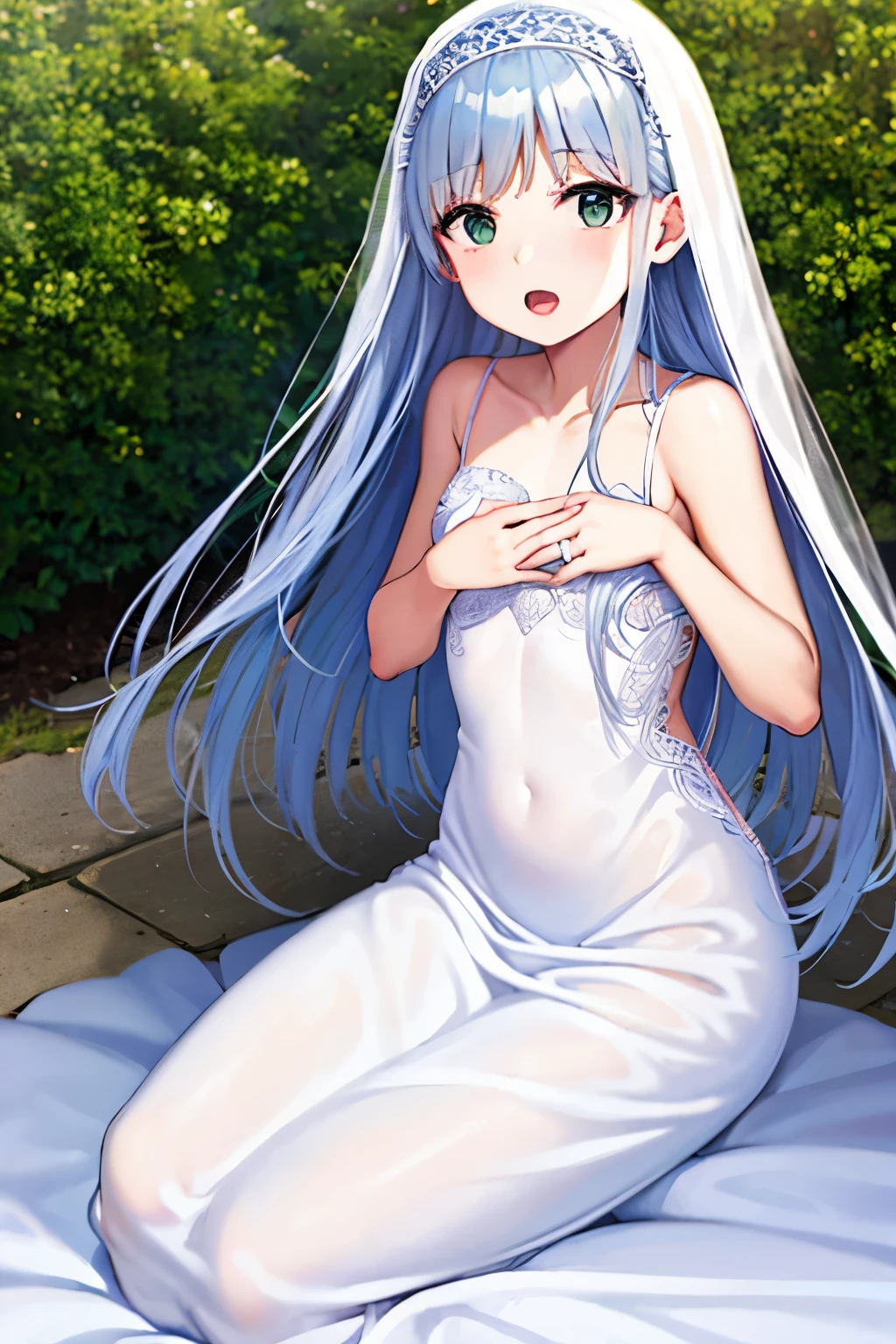 Cabello largo plateado, ojos verdes, wedding dress, white clothes, flat breast, sonrisa, happy, muslos hermosos, garden, deshabitado, fellatio gesture