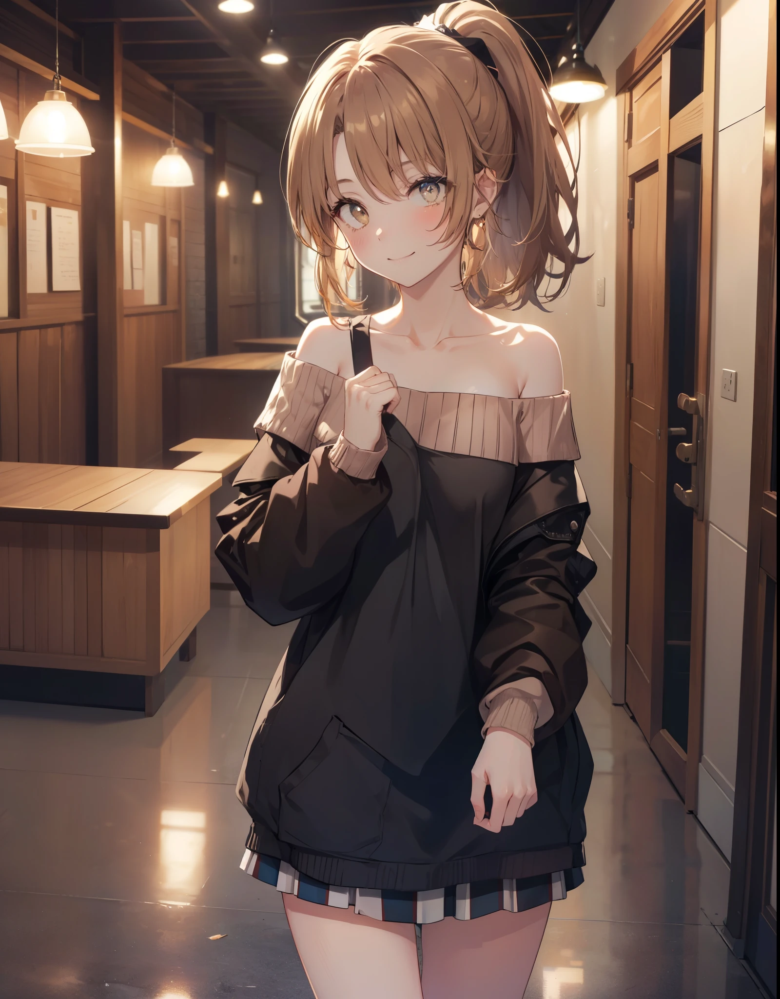 irohaisshiki, Isshiki Iroha, 1people's women,long hair, light brown hair, ponytail,(brown eyes:1.5), smile,blush,night,medium chest,
off shoulder sweater,long skirt,indoor slippers,apron,entrance
break indoors,indoor entrance,
break looking at viewer,(cowboy shot:1. 5),
break (masterpiece:1.2), highest quality, High resolution, unity 8k wallpaper, (shape:0.8), (beautiful and detailed eyes:1.6), highly detailed face, perfect lighting, Very detailed CG, (perfect hands, perfect anatomy),