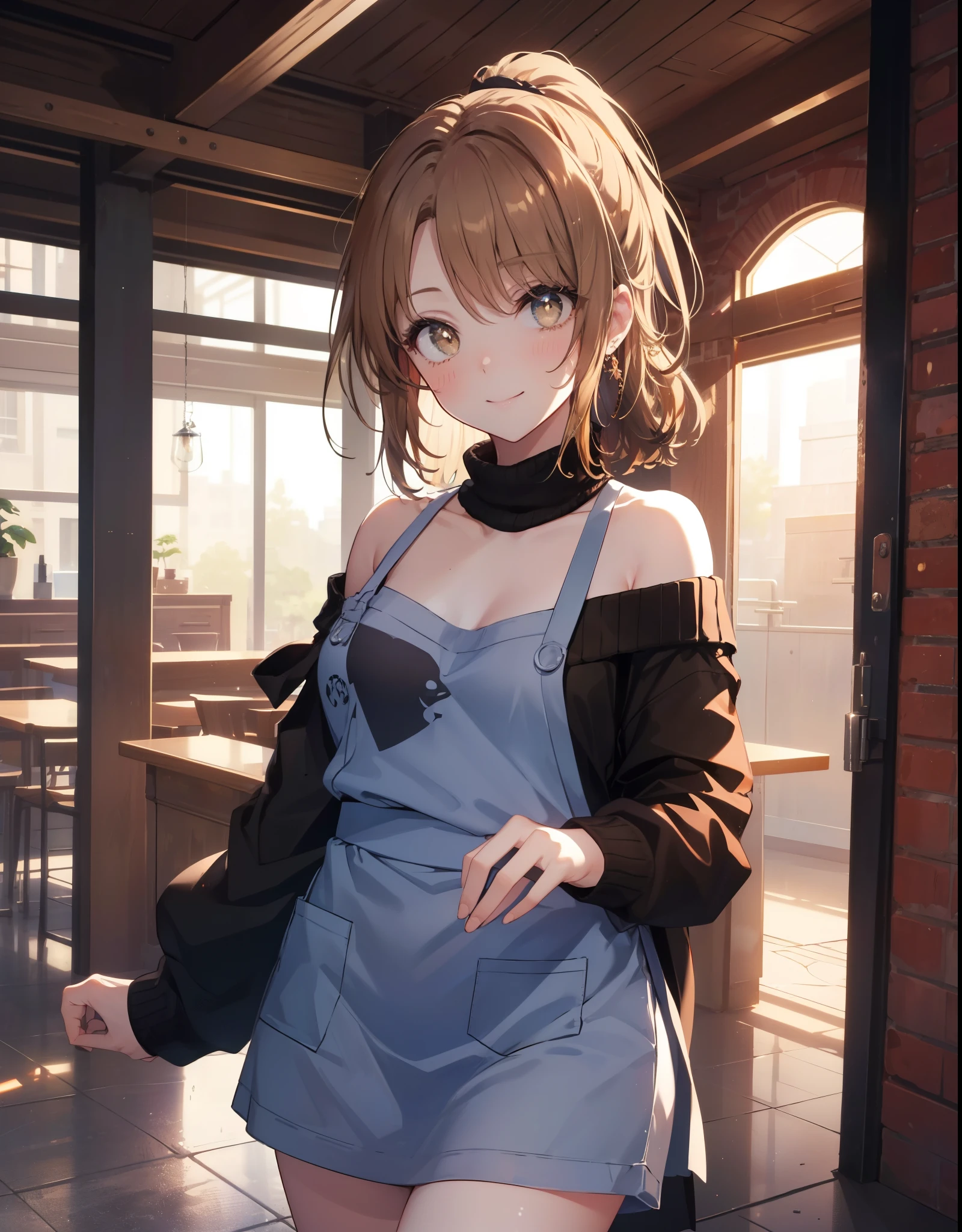 irohaisshiki, Isshiki Iroha, １people&#39;s women,long hair, light brown hair, ponytail,(brown eyes:1.5), smile,blush,night,medium chest,
off shoulder sweater,long skirt,indoor slippers,apron,entrance
break indoors,indoor　entrance,
break looking at viewer,(cowboy shot:1. 5),
break (masterpiece:1.2), highest quality, High resolution, unity 8k wallpaper, (shape:0.8), (beautiful and detailed eyes:1.6), highly detailed face, perfect lighting, Very detailed CG, (perfect hands, perfect ???????),