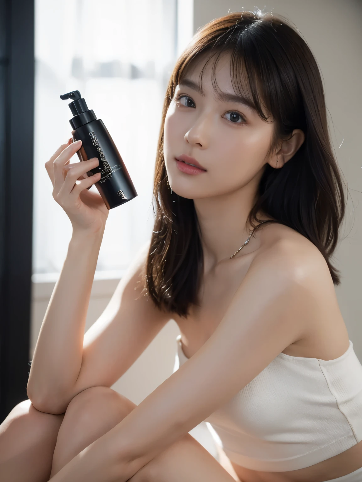 high-definition images, atmospheric perspective, 8k, super detail, accurate, best quality, angle from below, studio portraits shoot ,a woman, ((holding a serum ( skincare product) bottle)),drooping eyes, sleepy face, blush, in the studio, model for photoshoot, posing , dropping serum on her face with applicator, (( hand up over face 45° and holding applicator , which is used for dropping serum)) , (water drop on face) where applicator applied, ((bo bc hair, short hair , length below ears)) high boots, necklace, ivory tube top and jeans short pant, studio scene, dark , flashlight on , ((bo bc hair))holding little serum skincare bottle, posing, in studio, shooting lighting, focus
