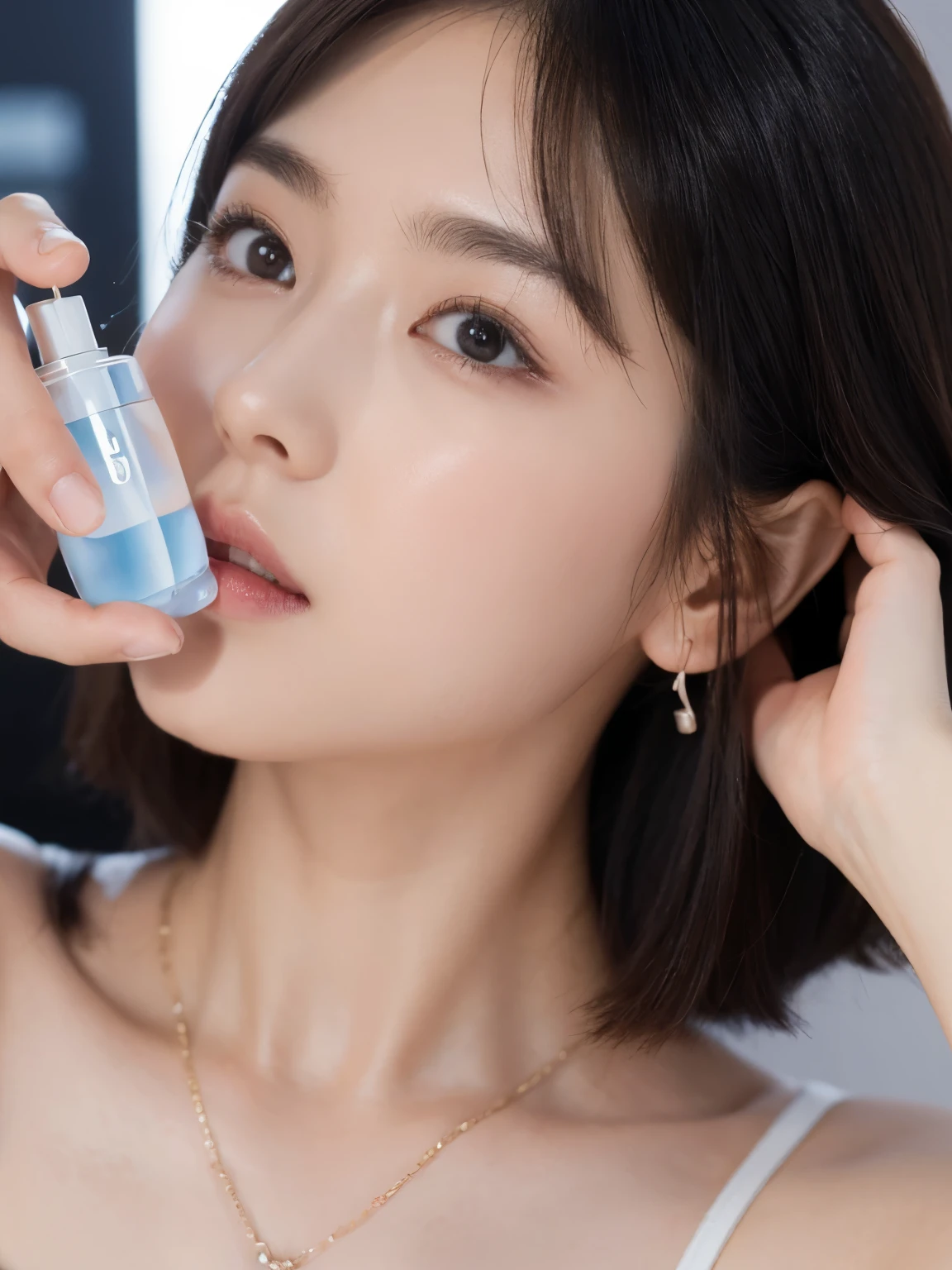 high-definition images, atmospheric perspective, 8k, super detail, accurate, best quality, angle from below, studio portraits shoot ,a woman, ((holding a serum ( skincare product) bottle)),drooping eyes, sleepy face, blush, in the studio, model for photoshoot, posing , dropping serum on her face with applicator, (( hand up over face 45° and holding applicator , which is used for dropping serum)) , (water drop on face) where applicator applied, ((bo bc hair, short hair , length below ears)) high boots, necklace, ivory tube top and jeans short pant, studio scene, dark , flashlight on , ((bo bc hair))holding little serum skincare bottle, posing, in studio, shooting lighting, focus