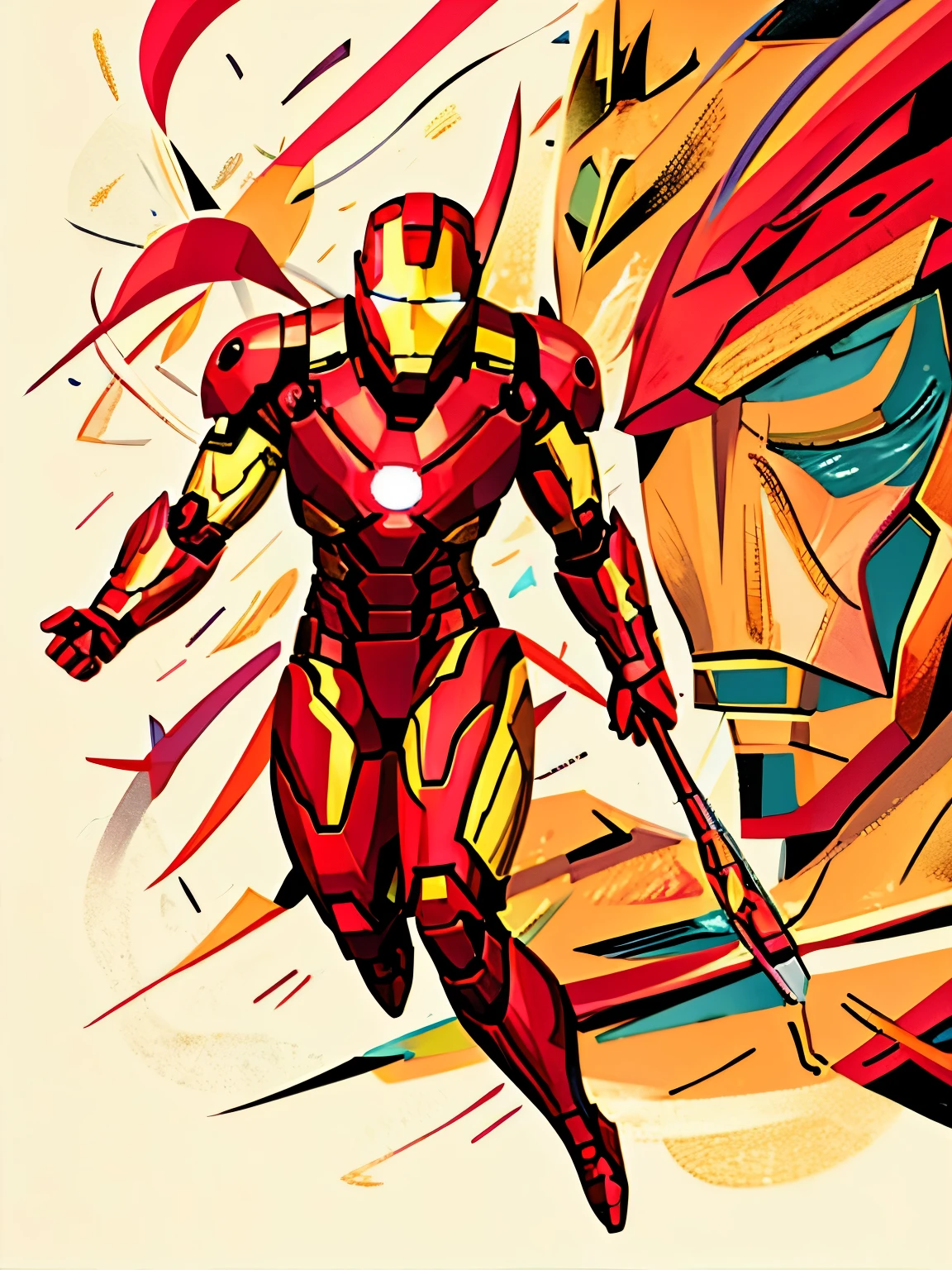 (masterpiece, best quality:1.2), iron Man，flying Posture，Abstract，Comic lines，natural transition color