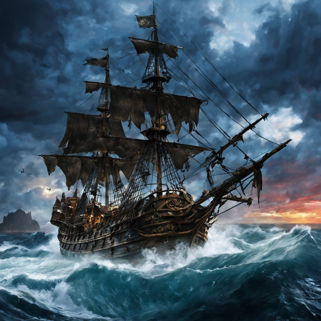 (best quality,highres),a scene from the film Pirates of the Caribbean (title: Pirates of the Caribbean),(cinematic shot:1.1),dramatic lighting,ocean waves crashing against the pirate ship,characteristic pirate clothing,sword-wielding pirates,ominous fog enveloping the ship,treasure chests overflowing with gold and jewels in the background,pirate flags fluttering in the wind,detailed facial expressions of the characters,authentic and worn pirate ship with intricate carvings,ocean spray splashing on the deck,rustic wooden planks,billowing sails under the moonlight,breathtaking sunset on the horizon,cannonballs flying through the air,seagulls soaring in the sky,dramatic clouds casting shadows on the ship,roaring thunder in the distance