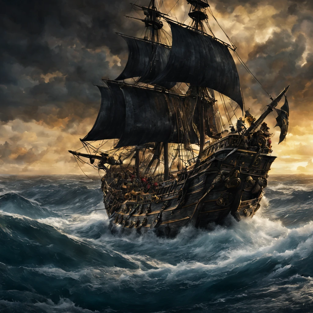 (best quality,highres),a scene from the film Pirates of the Caribbean (title: Pirates of the Caribbean),(cinematic shot:1.1),dramatic lighting,ocean waves crashing against the pirate ship,characteristic pirate clothing,sword-wielding pirates,ominous fog enveloping the ship,treasure chests overflowing with gold and jewels in the background,pirate flags fluttering in the wind,detailed facial expressions of the characters,authentic and worn pirate ship with intricate carvings,ocean spray splashing on the deck,rustic wooden planks,billowing sails under the moonlight,breathtaking sunset on the horizon,cannonballs flying through the air,seagulls soaring in the sky,dramatic clouds casting shadows on the ship,roaring thunder in the distance