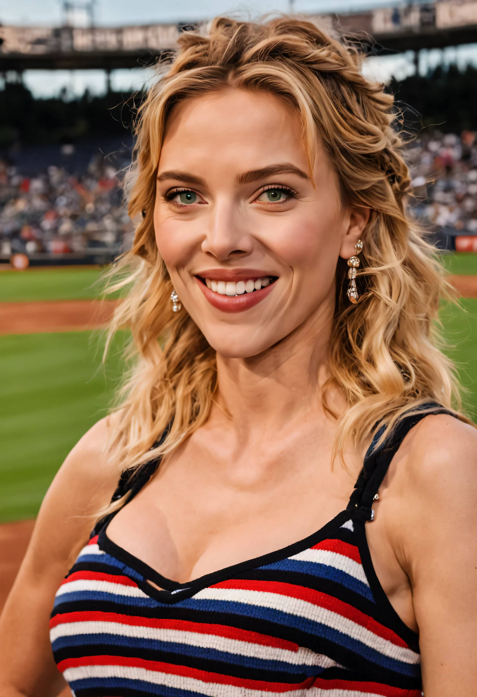 professional close-up portrait photography of the face of a beautiful  ((ohwx woman)) at baseball stadium during Twilight, Nikon Z9