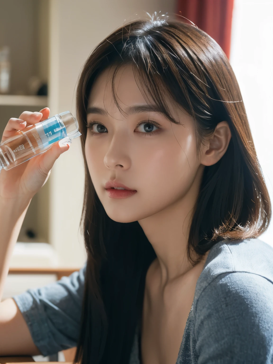 high-definition images, atmospheric perspective, 8k, super detail, accurate, best quality, angle from below, studio portraits shoot ,a woman, ((holding a serum ( skincare product) bottle)),drooping eyes, sleepy face, blush, in the studio, model for photoshoot, posing , dropping serum on her face with applicator, (( hand up over face 45° and holding applicator , which is used for dropping serum)) , (water drop on face) where applicator applied, ((bo bc hair, short hair , length below ears)) high boots, necklace, ivory tube top and jeans short pant, studio scene, dark , flashlight on , ((bo bc hair))holding little serum skincare bottle, posing, in studio, shooting lighting, focus