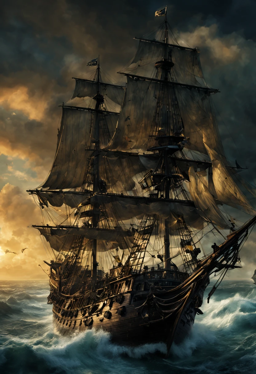 (best quality,highres),a scene from the film Pirates of the Caribbean (title: Pirates of the Caribbean),(cinematic shot:1.1), ((Captain Jack Sparrow:1.3)), dramatic lighting,ocean waves crashing against the pirate ship,characteristic pirate clothing,sword-wielding pirates,ominous fog enveloping the ship,treasure chests overflowing with gold and jewels in the background,pirate flags fluttering in the wind,detailed facial expressions of the characters,authentic and worn pirate ship with intricate carvings,ocean spray splashing on the deck,rustic wooden planks,billowing sails under the moonlight,breathtaking sunset on the horizon,cannonballs flying through the air,seagulls soaring in the sky,dramatic clouds casting shadows on the ship,roaring thunder in the distance
