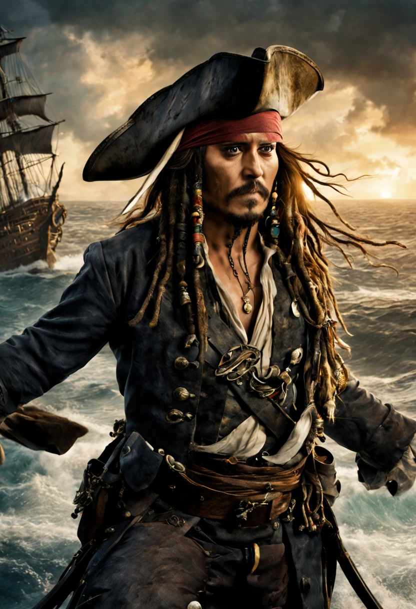 (best quality,highres),a scene from the film Pirates of the Caribbean (title: Pirates of the Caribbean),(cinematic shot:1.1), ((Captain Jack Sparrow:1.3)), dramatic lighting,ocean waves crashing against the pirate ship,characteristic pirate clothing,sword-wielding pirates,ominous fog enveloping the ship,treasure chests overflowing with gold and jewels in the background,pirate flags fluttering in the wind,detailed facial expressions of the characters,authentic and worn pirate ship with intricate carvings,ocean spray splashing on the deck,rustic wooden planks,billowing sails under the moonlight,breathtaking sunset on the horizon,cannonballs flying through the air,seagulls soaring in the sky,dramatic clouds casting shadows on the ship,roaring thunder in the distance