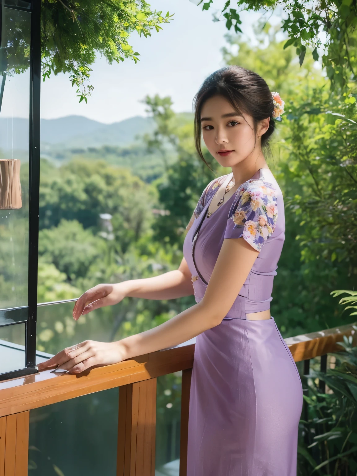 high-definition images, atmospheric perspective, 8k, super detail, accurate, best quality, angle from below, a woman, drooping eyes, sleepy face, blush,(floral purple dress), , necklace, standing portraits ,day scene, pagoda view, hair up, acmm's outfit, black acmm's top , black printed acmm's skirt,posing, in studio, shooting lighting, focus