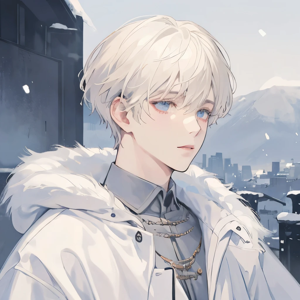 A male, face focus, face picture, snow background, pale blonde, pale skin, white fur coat, cold, parka