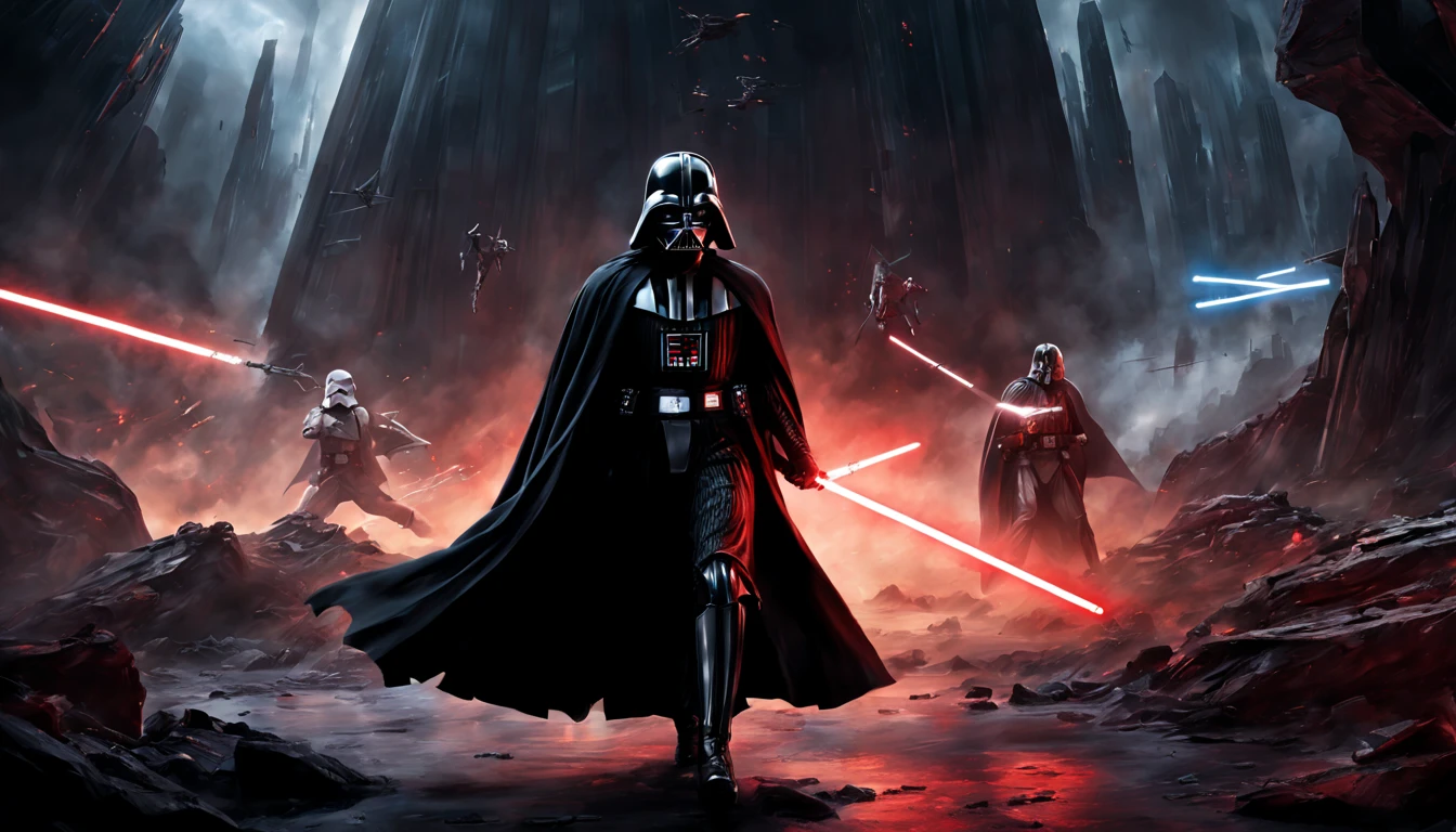 (best quality,highres:1.2,realistic:1.37),star wars themed, cinematic, dramatic, intense, action-packed scene, capturing the essence of the film, a captivating moment from the Star Wars series, showcasing the iconic character of Dark Vador, intense battle between good and evil, dark and mysterious atmosphere, visually stunning, outstanding visual effects, epic lightsaber duel, detailed and ominous mask of Dark Vador, menacing presence, powerful and commanding figure, iconic black cape flowing in the wind, dynamic composition, explosive special effects, vibrant and saturated color palette, dramatic lighting and shadows, futuristic and otherworldly setting, intense laser blasters, flickering lightsabers, high-tech weapons and vehicles, suspenseful and adrenaline-fueled ambiance, capturing the essence of the Star Wars universe, immersing viewers into a thrilling and epic adventure.