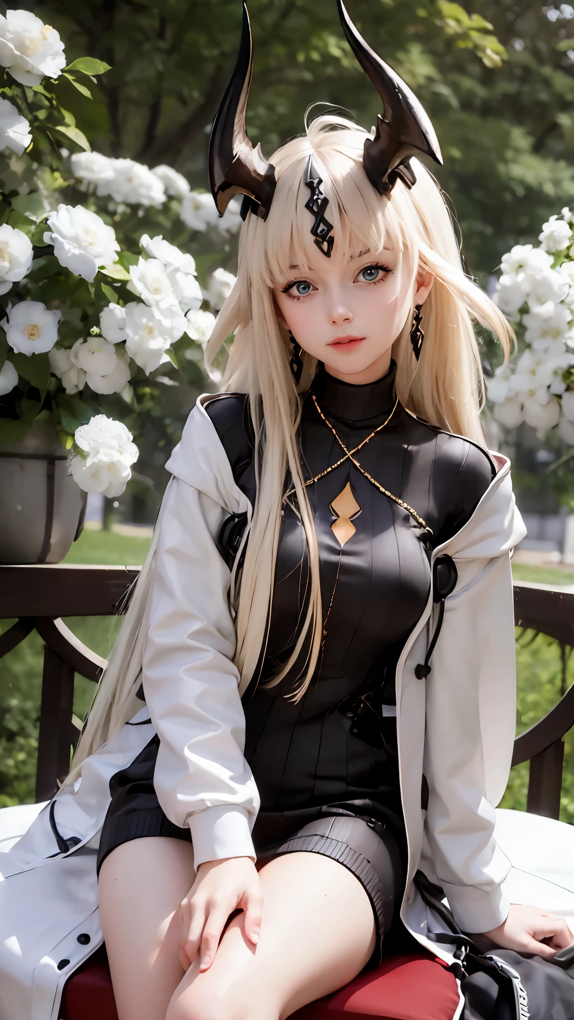 (Reed, Flameshadow, Arknights), sitting  on chair, in Beutiful garden, flowers, Arbour, sunny weather, white jacket, white dress