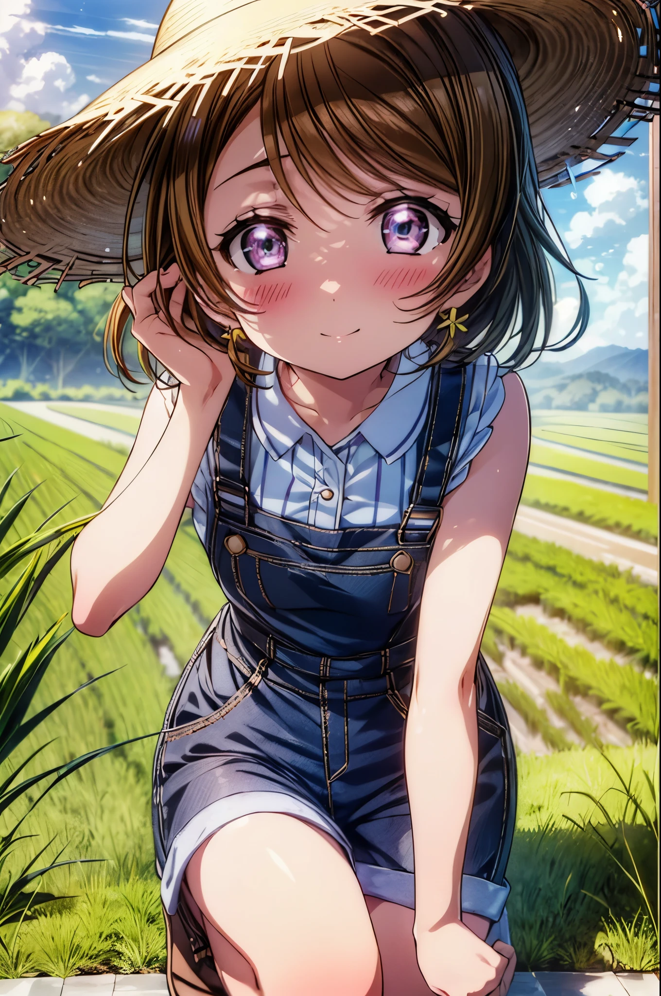 (((pixel perfect, Perfect in every detail))), alone, 1 girl, Hanayo Koizumi, brown hair,short hair,purple eyes,looking at the viewer, smile,straw hat,concealment of work　overalls,rice planting boots,Paddy field,Rice cultivation,Sunny,countryside,(masterpiece:1.2), highest quality, High resolution, unity 8k wallpaper, (shape:0.8), (beautiful and detailed eyes:1.6), highly detailed face, perfect lighting, Very detailed CG, (perfect hands, perfect anatomy),