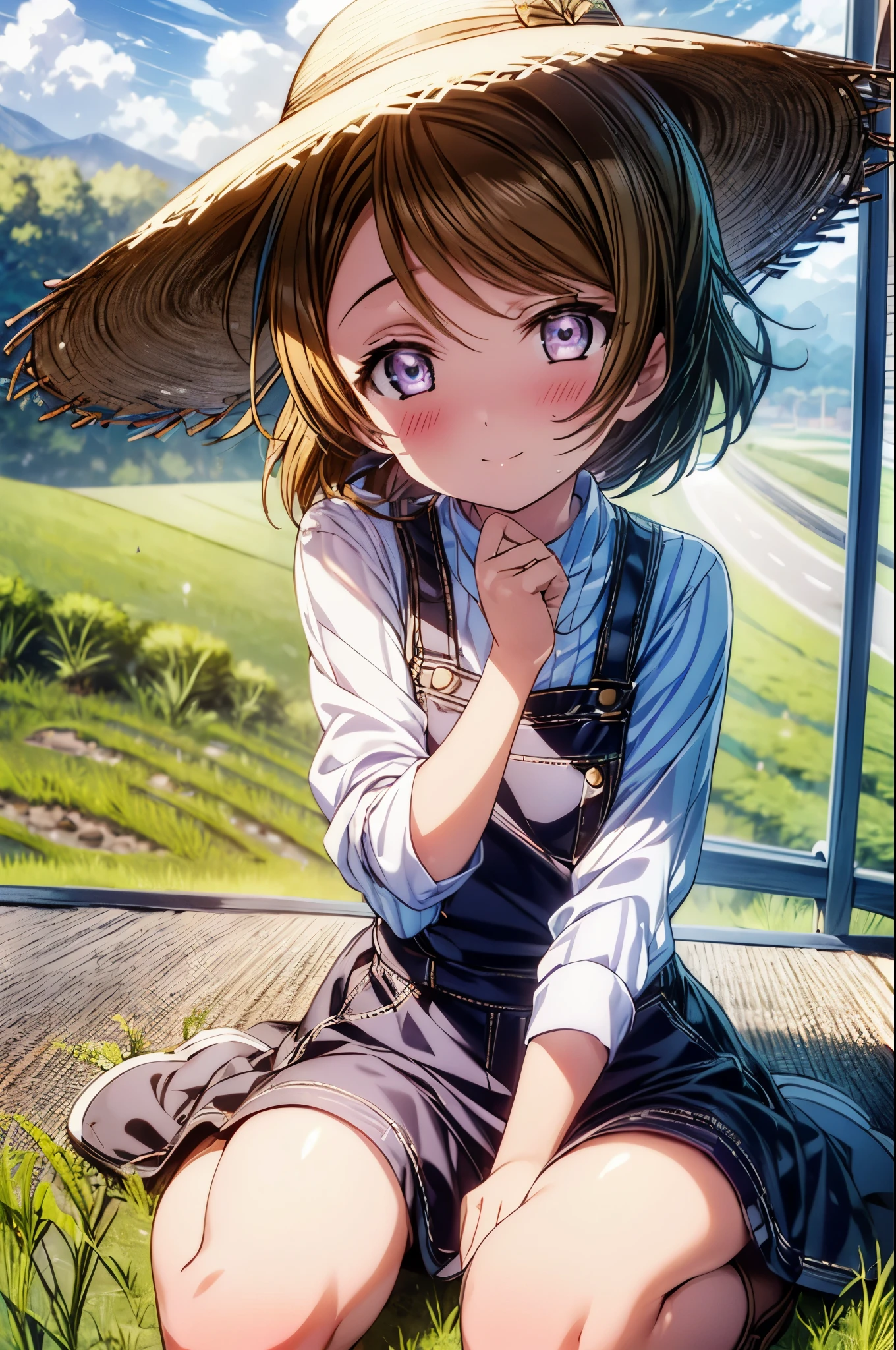 (((pixel perfect, Perfect in every detail))), alone, 1 girl, Hanayo Koizumi, brown hair,short hair,purple eyes,looking at the viewer, smile,straw hat,concealment of work　overalls,rice planting boots,Paddy field,Rice cultivation,Sunny,countryside,(masterpiece:1.2), highest quality, High resolution, unity 8k wallpaper, (shape:0.8), (beautiful and detailed eyes:1.6), highly detailed face, perfect lighting, Very detailed CG, (perfect hands, perfect anatomy),