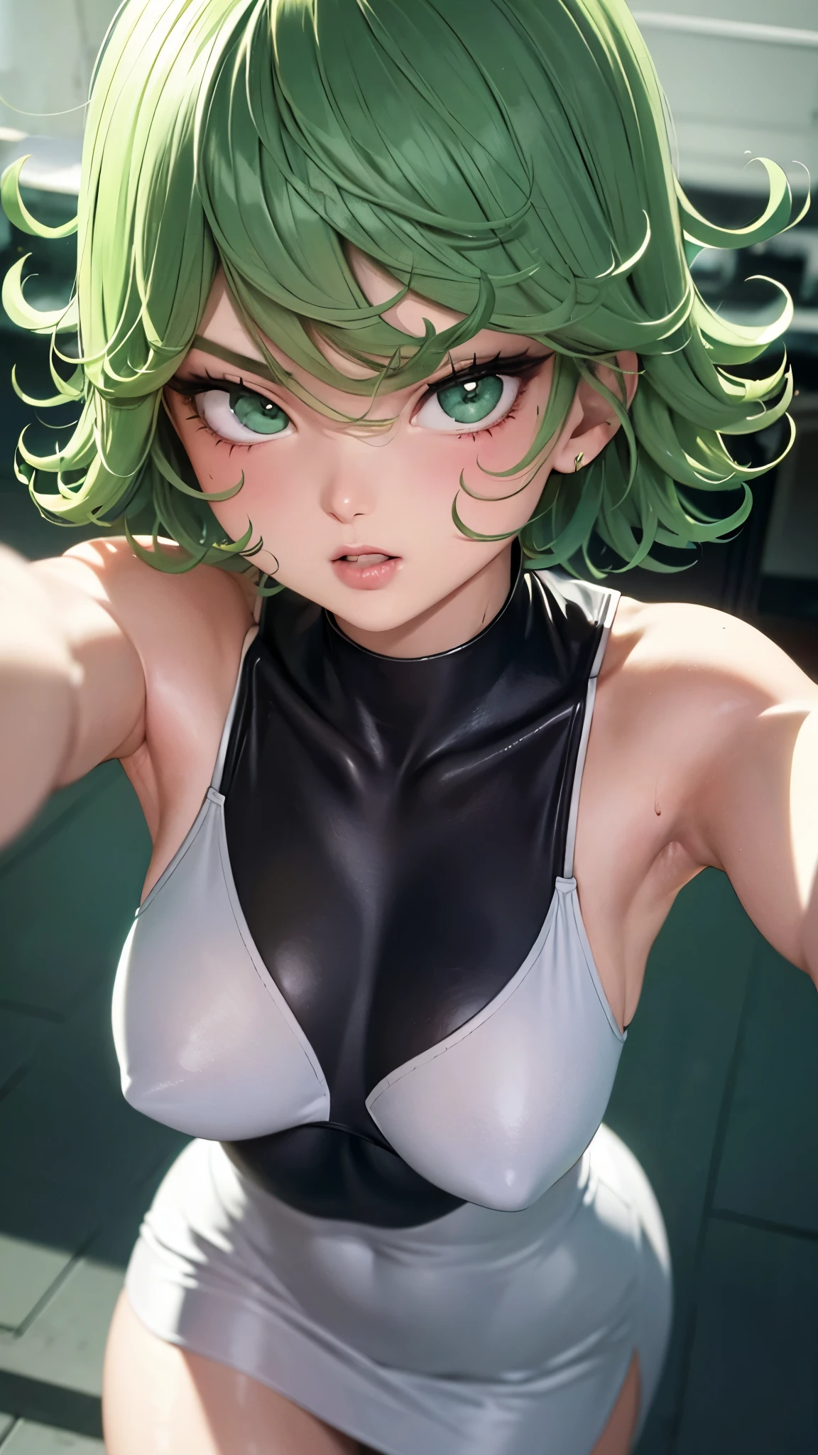 (beste-Qualit, 8K, 12), 1 girl, tatsumaki, Short Hair Hair, green hair, medium breast, the perfect body, ultra detail face, detailed lips, Slender Eyes, white dress, enticing, Excited, convex areolas, in heat, Milf, steam, Sex, trembling, , Looking Up, From directly above, ahegao, Wet