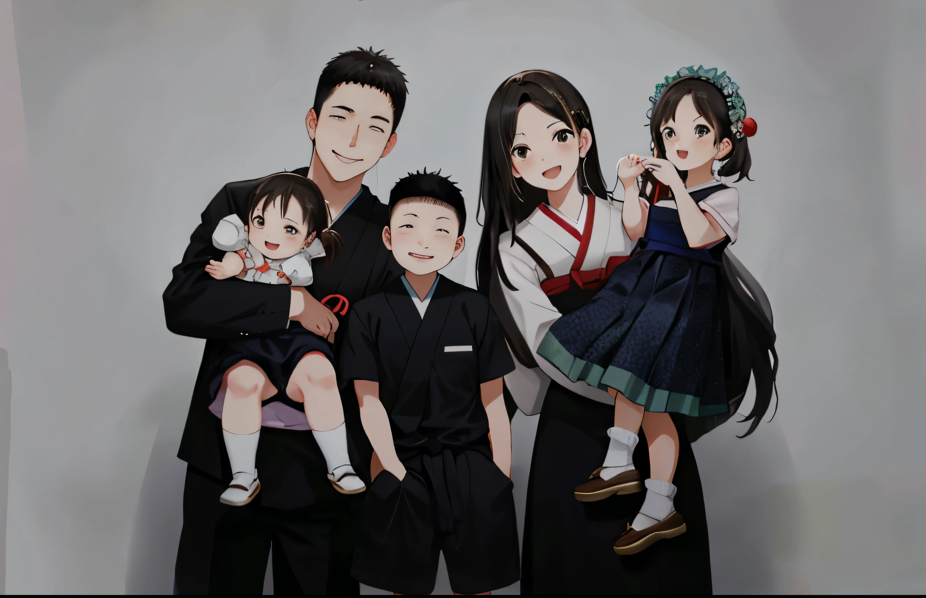 via photo given,Generate Japanese anime-style pictures that look exactly like the characters in the photo,happy family of five,Father,Mother,elder brother,Two sisters,Must have granary and corn elements,8K quality.Requirement 16:9 panorama
