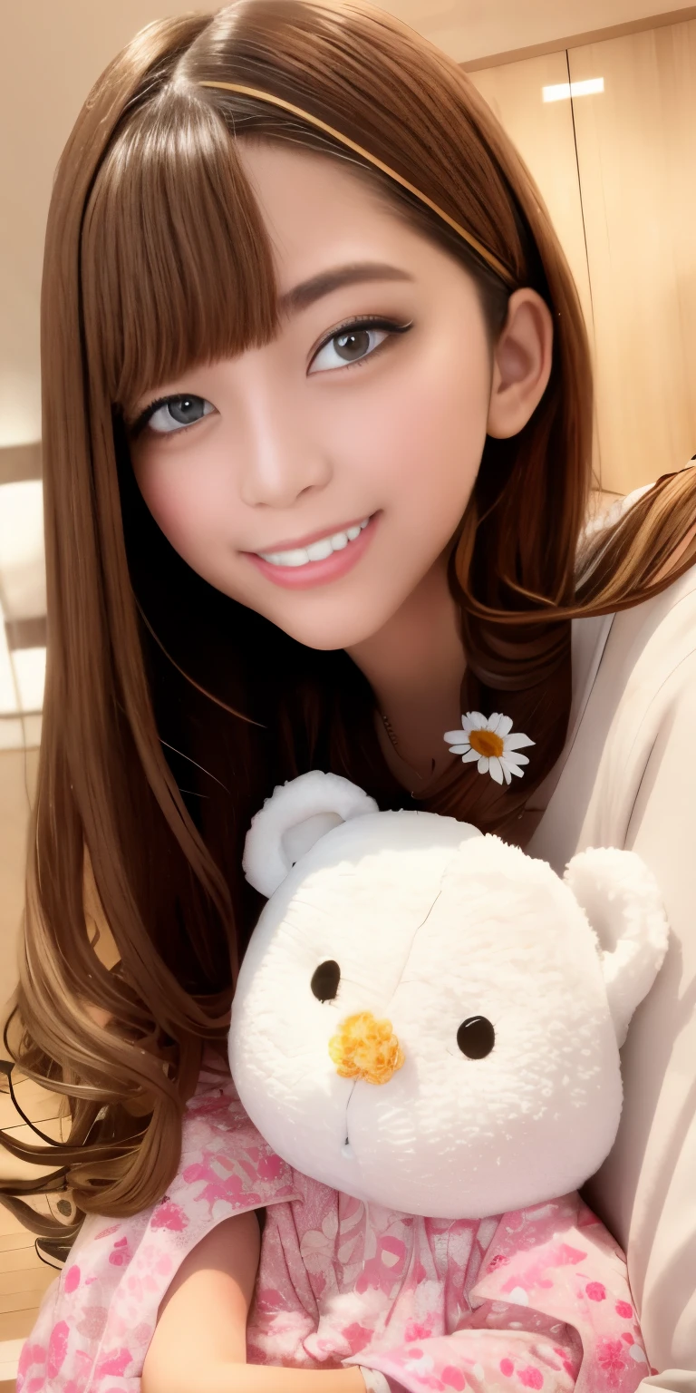 maikurobikini、a girl walking on the river、mix 4、sweater、pillow、lips、open your mouth、realistic、picture_\(curly\)、solo、動物のstuffed toy、stuffed toy、teddy bear、(masterpiece)、(Photoreal:1.3)、super detailed、(high details)skin:1.2)、(highest quality:1.0)、(超A high resolution:1.0)、(Ulzzang-6500:0.3)、wavy fine hair、hair length、Light of the sun、(Beautiful and detailed makeup)、(sexual excitement、blush、heavy breathing:1.0) )、Scattered flower-themed petals、(Flowers with a soft glow:0.5)