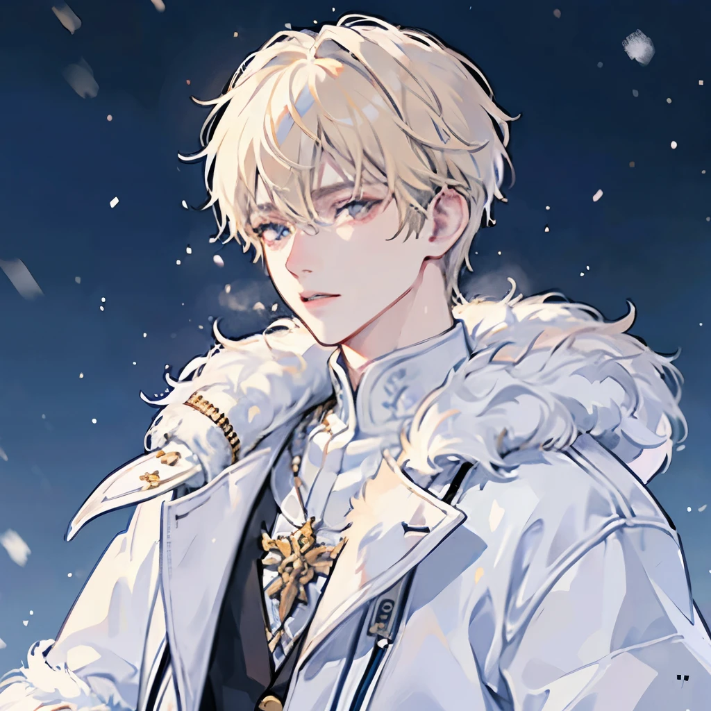 A male, face focus, face picture, snow background, pale blonde, pale skin, white eyes, white fur coat, cold, parka, clothes made of animal skin, Eskimo