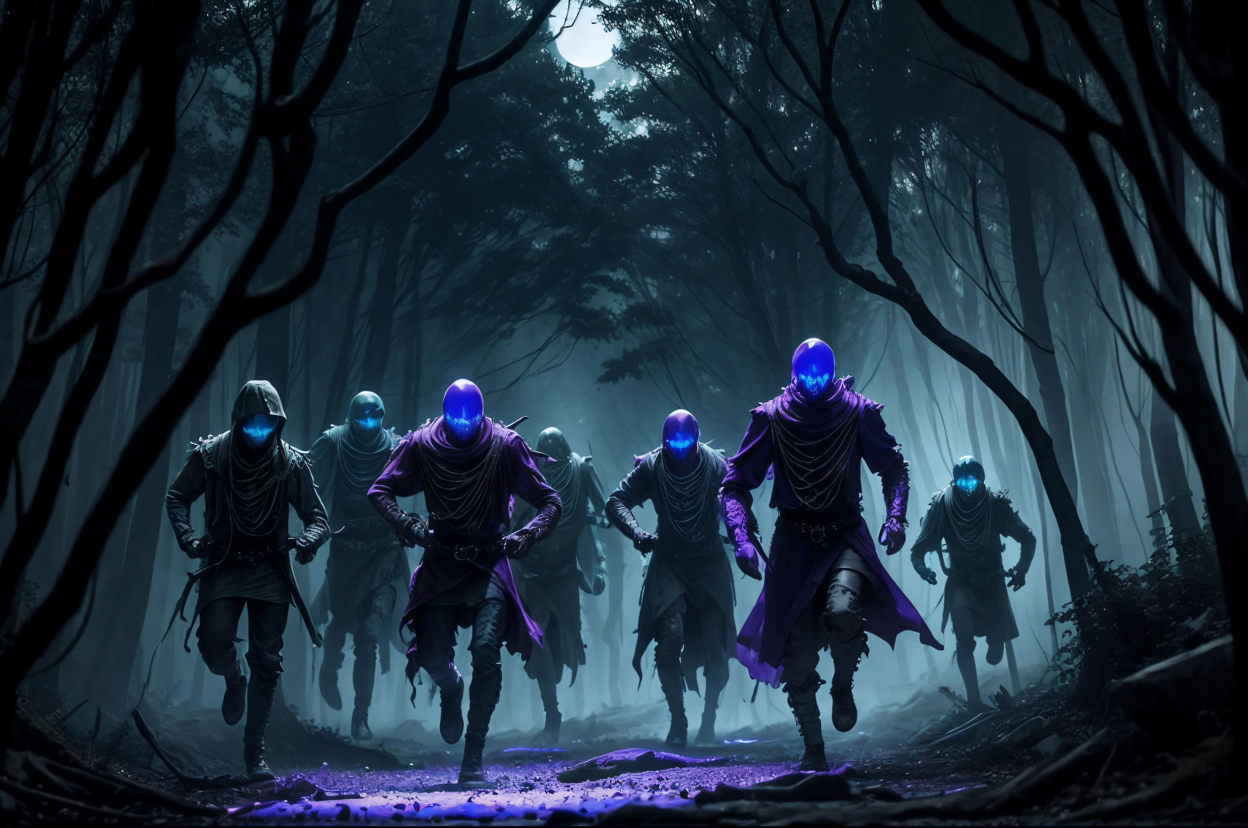 Translucent demonic army made of marble, lilac and blue, veins with slight bioluminescence, scary, lifeless eyes, Expressionless, Ragged, leather rag, Bones partially visible. Demon running in the forest, dynamic scene, Horror movies and the like. chiaroscuro. Backlit by moonlight through the forest.