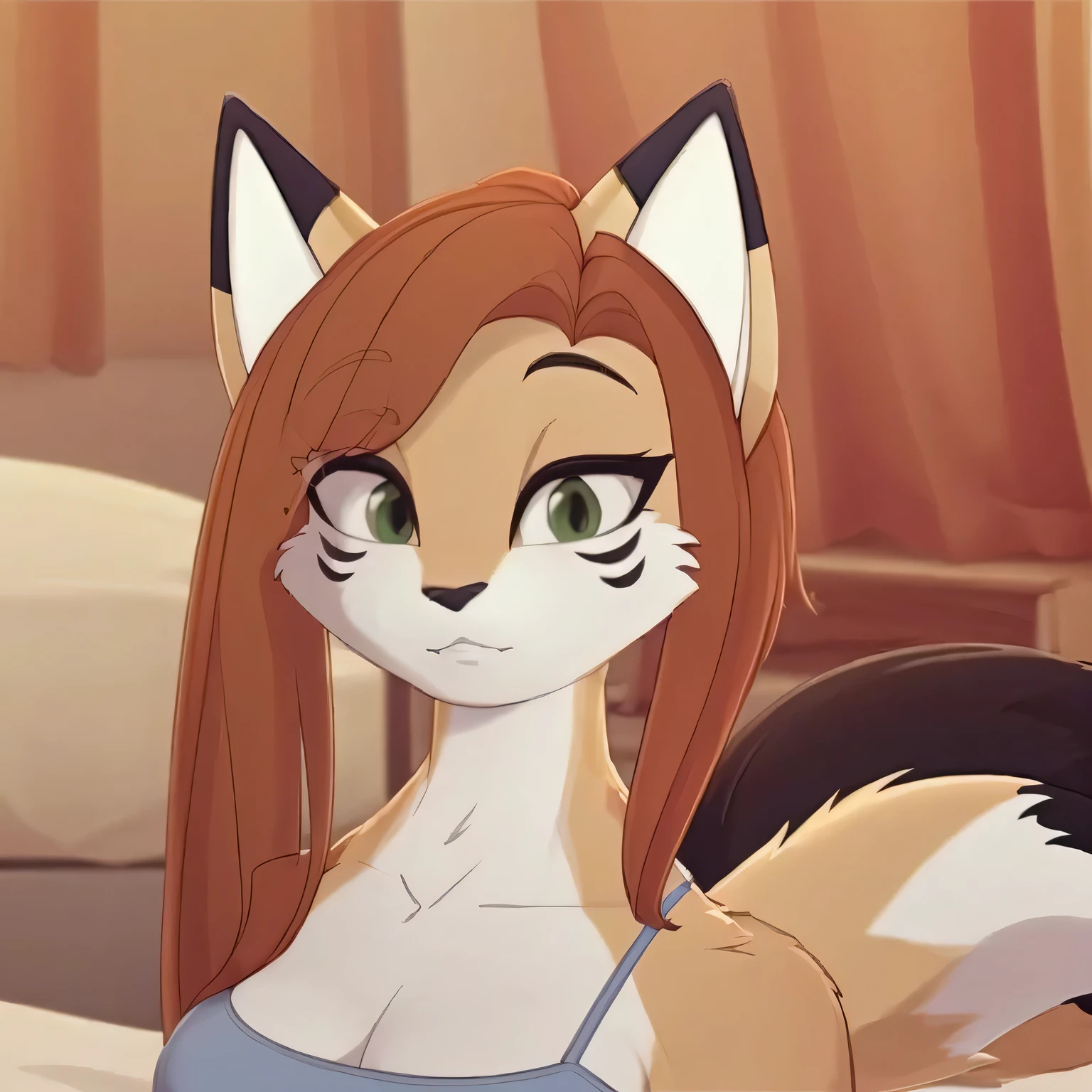 bedroom,crop top, Liz, fox girl, yellow fur, white countershading, green eyes, fox ears, animal nose, fox nose, black nose, fox tail, short snout, snout, black ear tips, fox anthro, furry female, furry, orange long_hair, eyelashes, black stripes on the cheeks