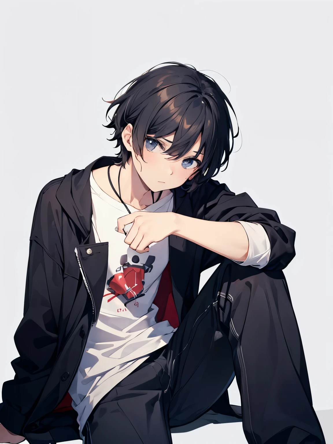 a boy with black hair sitting posing close to each others eyes the way they'd pose on movie posters, solo, male focus, 1boy, white background, grey hair, simple background, looking at viewer