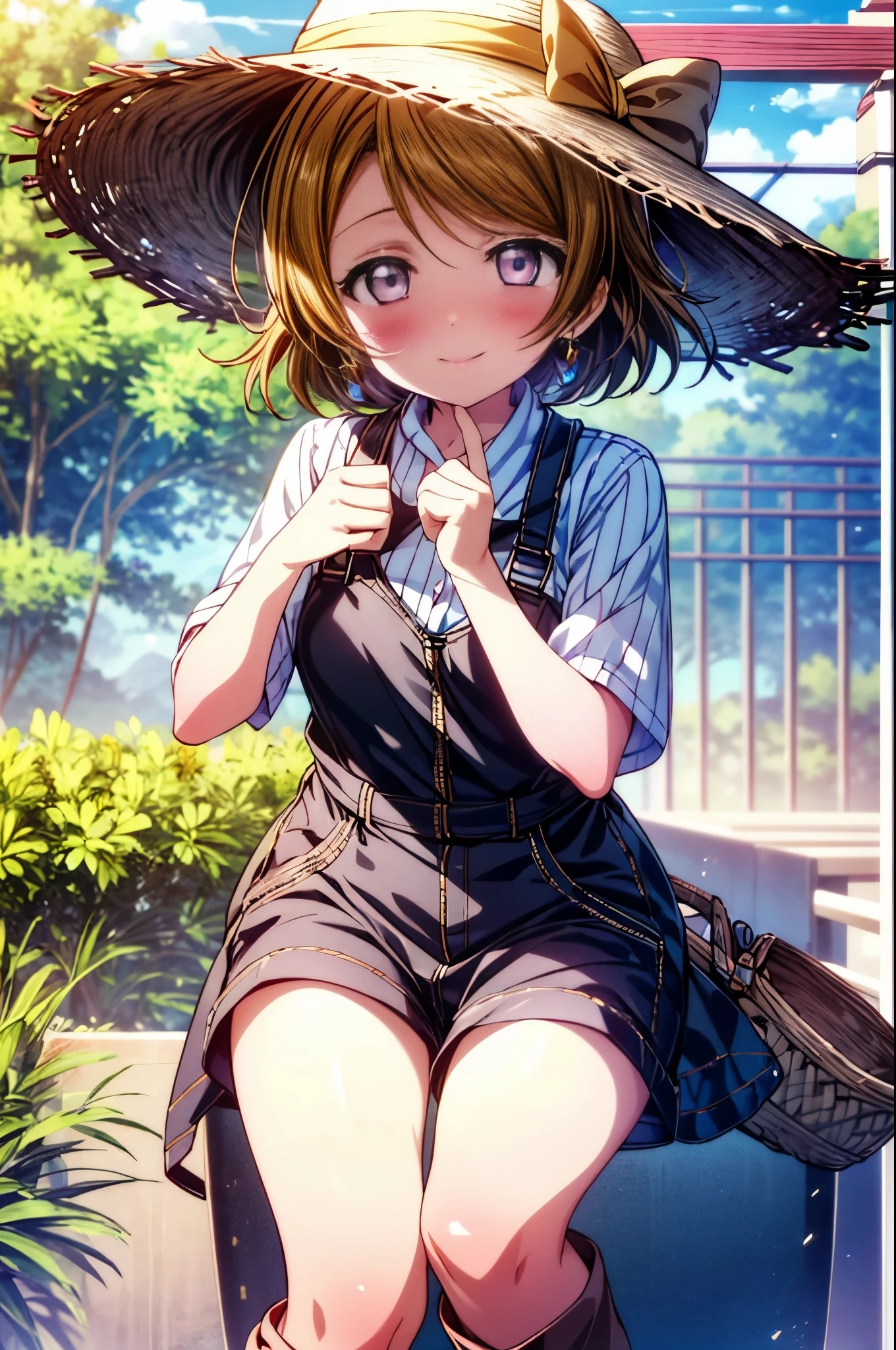 (((pixel perfect, Perfect in every detail))), alone, 1 girl, Hanayo Koizumi, brown hair,short hair,purple eyes,looking at the viewer, smile,straw hat,concealment of work　overalls,rice planting boots,Paddy field,Rice cultivation,Sunny,countryside,(masterpiece:1.2), highest quality, High resolution, unity 8k wallpaper, (shape:0.8), (beautiful and detailed eyes:1.6), highly detailed face, perfect lighting, Very detailed CG, (perfect hands, perfect anatomy),