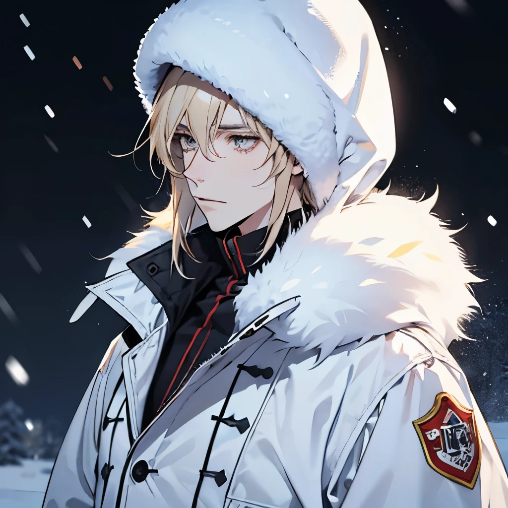 A male, face focus, face picture, snow background, pale blonde, pale skin, white eyes, white fur coat, cold, parka, clothes made of animal skin, Eskimo