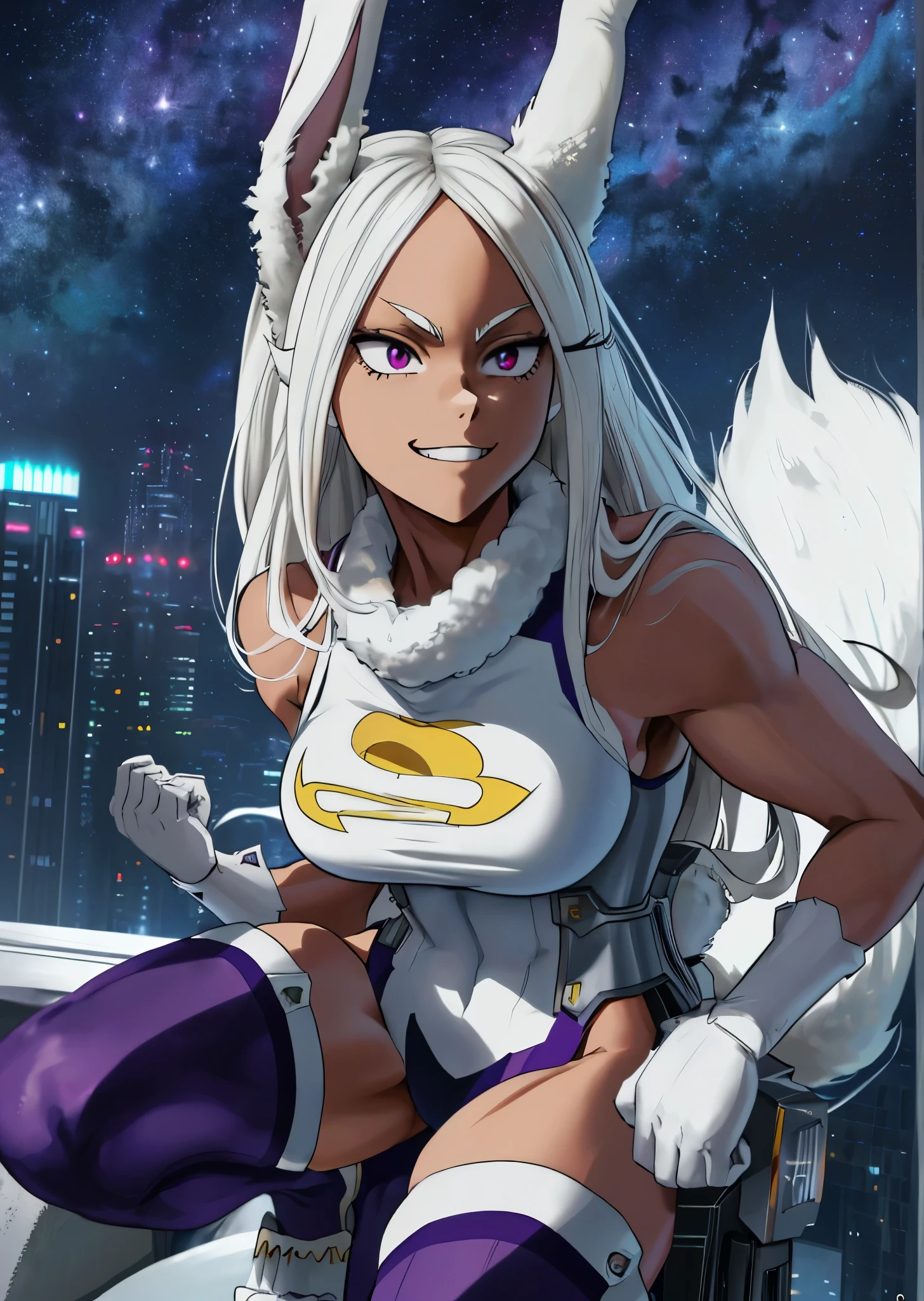 [Miruko], [Boku no hero academia], ((masterpiece)), ((solo portrait)), ((HD)), ((High res)), ((full body)), ((front view)), ((feet visible)), ((anime)), ((detailed shading)), ((beautiful render art)), ((cinematic lighting)), {Miruko; (dark skin), maroon eyes, long white hair, long white bunny ears, small fluffy white bunny tail, (large boobies), (curvy hips), (defined muscles), (defined legs), (beautiful legs), (smug grin), (wide grin)} {(hero costume), (fluffy collar), (purple thigh-highs), (white braceretal feet)}, {(dynamic pose), (on top of skyscraper), (looking at viewer)}, [Background; (starry sky), (full moon), (skyscrapers)]