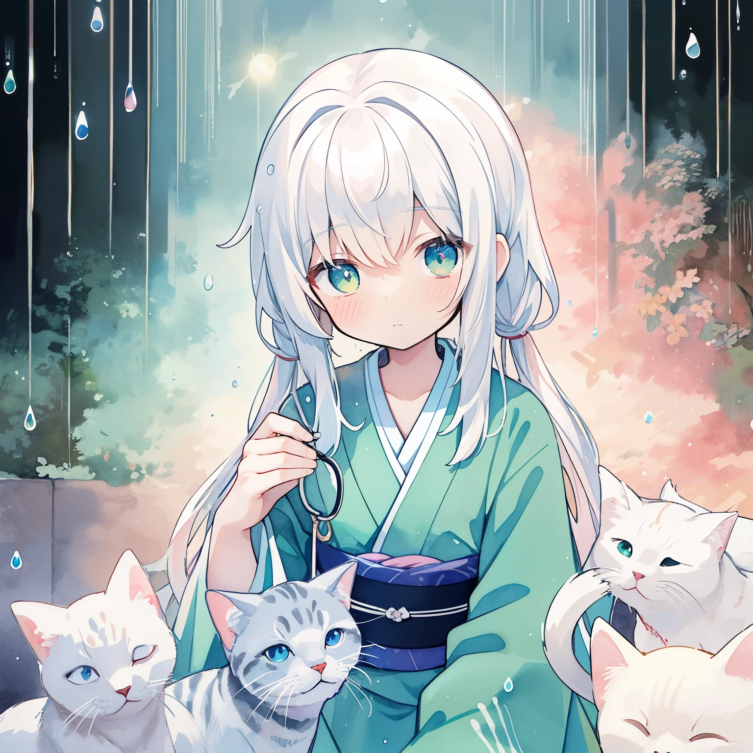 Pastel Watercolor、clear white skin, A Japanese female model wearing a beautiful green kimono、being attacked by luminous rain。Raindrops are shaped like cats、Looking at it as a whole、Creates a trick art effect where the overall image becomes clear only when combined。Focus on the background。