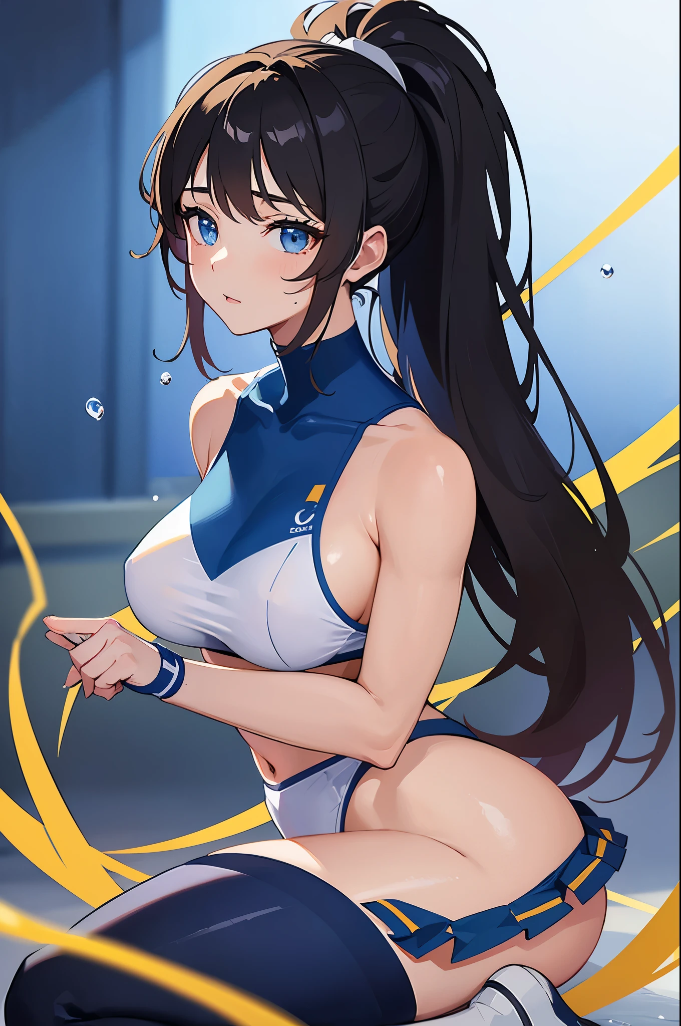 (best quality,4k,8k,highres,masterpiece:1.2), vibrant colors, detailed and realistic portrayal of a 25-year-old young woman with voluptuous breasts, muscular legs, and a round buttocks. Her face resembles a hentai face with a mischievous expression. She is completely wet, with water droplets glistening on her body. Her hair is tied up in a high ponytail, adding to her energetic appearance. She is dressed as a cheerleader, wearing a short pleated skirt, a tight-fitting crop top with the team logo, and knee-high socks with matching colors. The cheerleading outfit is in vibrant hues, such as bright red, white, and blue. The scene is perfectly lit, showcasing the vibrant colors and highlighting the shimmering water droplets on her body. The overall image is reminiscent of a high-quality anime artwork, with attention to detail in both the character design and setting.