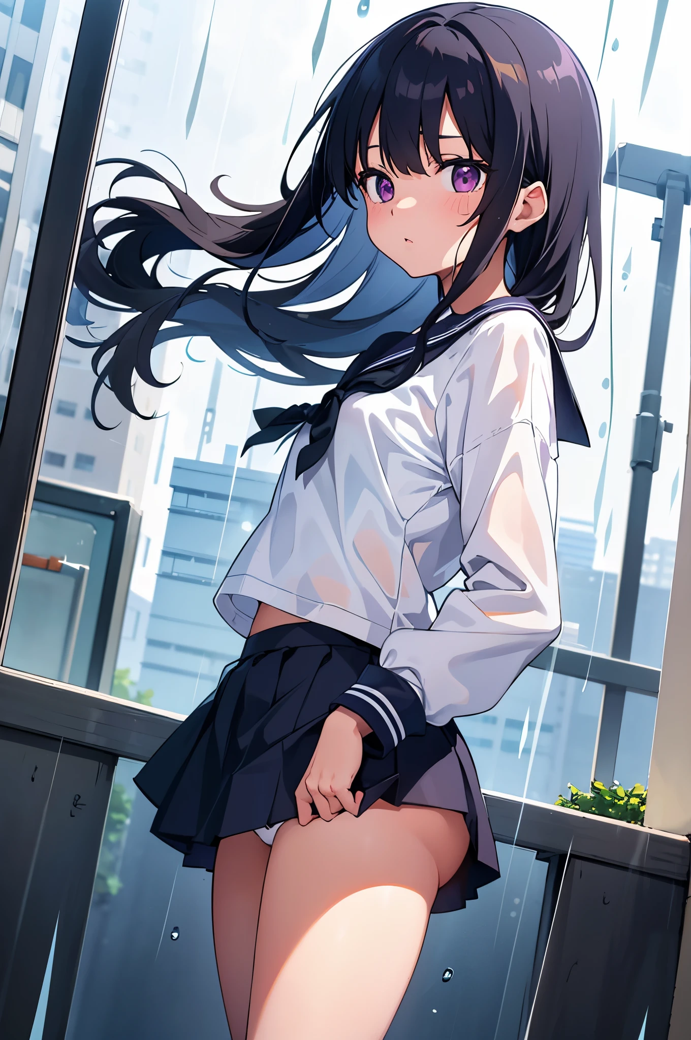 Entrance to the apartment　gloomy cloudy weather with rain　　8-year-old　flat chest　blhair　g hair　eyes are purple　（（1 person））　White upper body long sleeve sailor uniform　Lower body navy blue miniskirt　white panties　white socks　sports booty hair and clothes are wet from the rain.　Bra is transparent　water droplets all over the body　Are standing　（（white pantiesが見える））　from the front　Low angle centered on the crotch