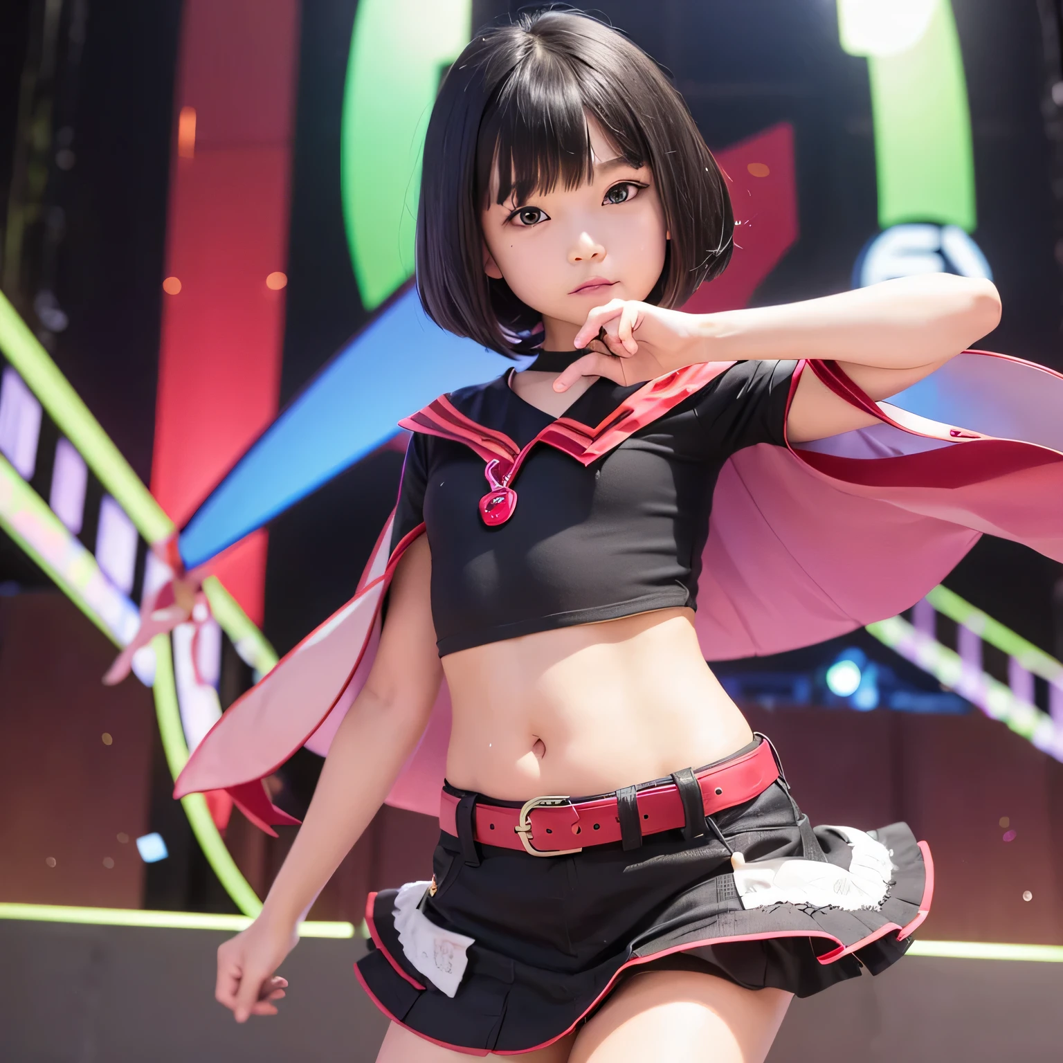 super , masterpiece, highest quality, realistic expression,、 black hair、bob cut with trimmed ends、flat chest、lolicon、 (dance on the show pub stage)、belly button、High-leg style、red cloak、10 years old