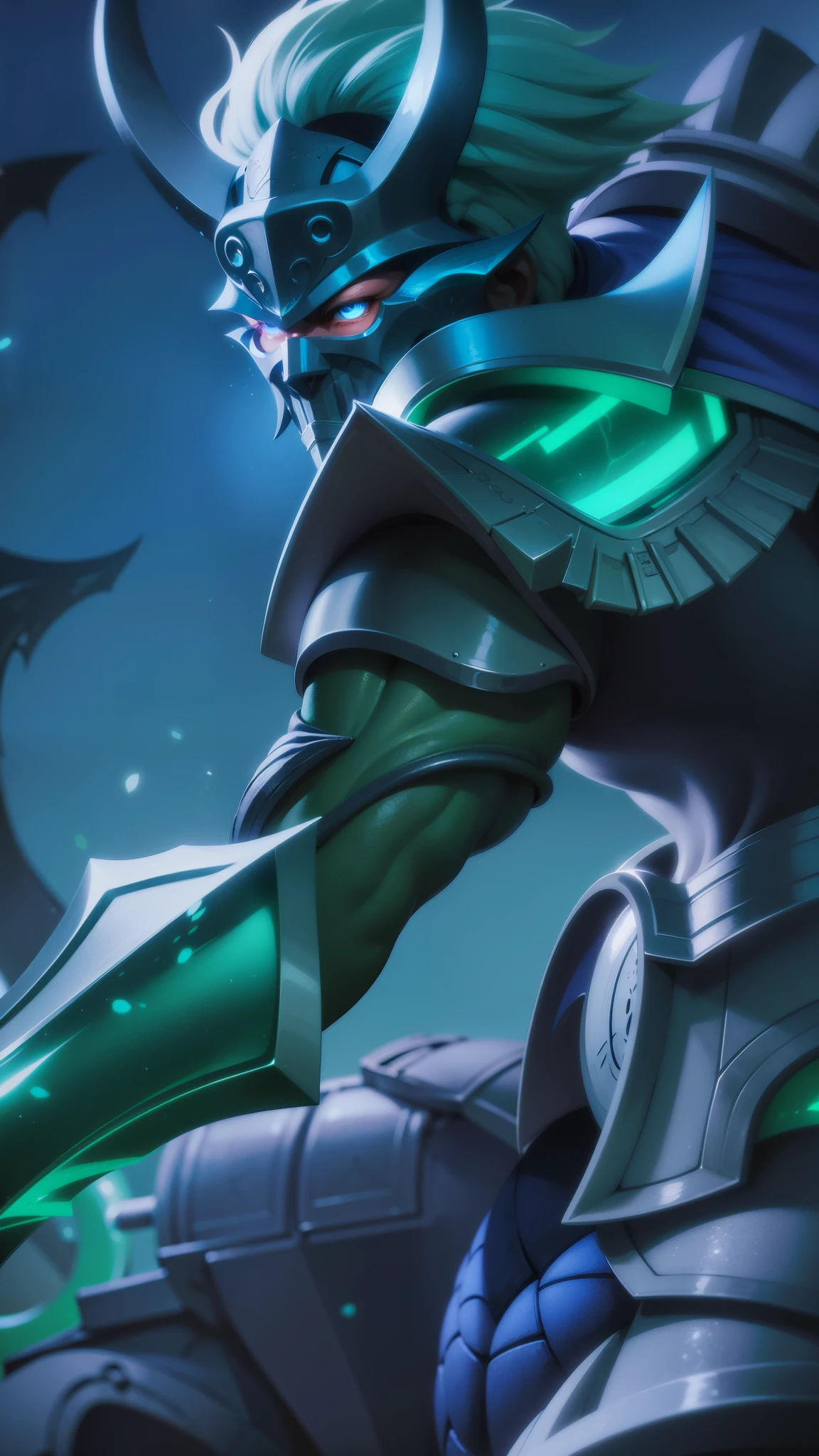 a close up of a person with a green and black outfit, amazing portrait of viego, arcane jayce, official splash art, 8k hd wallpaperjpeg artifact, 8 k hd wallpaperjpeg artifact, painted portrait of mordekaiser, nasus, splash art, league of legends art style, league of legends style art, canine tooth, strong blue eye glow (blue eye:1.2).