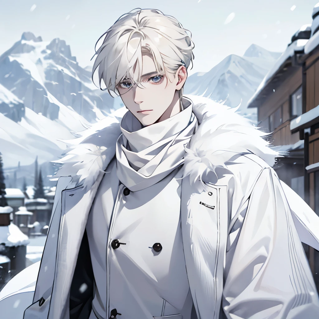 A male, face focus, face picture, snow background, pale blonde, pale skin, white eyes, white fur clothes, cold, clothes made of animal skin, Eskimo, furry scarf
