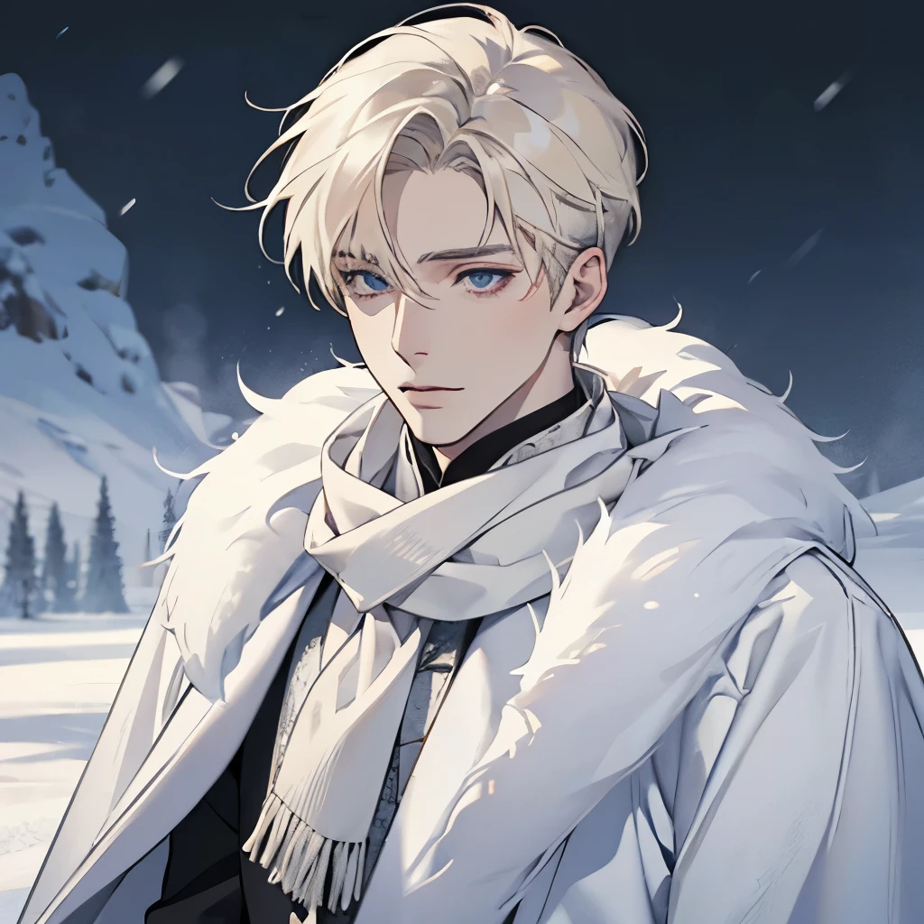 A male, face focus, face picture, snow background, pale blonde, pale skin, white eyes, white fur clothes, cold, clothes made of animal skin, Eskimo, furry scarf
