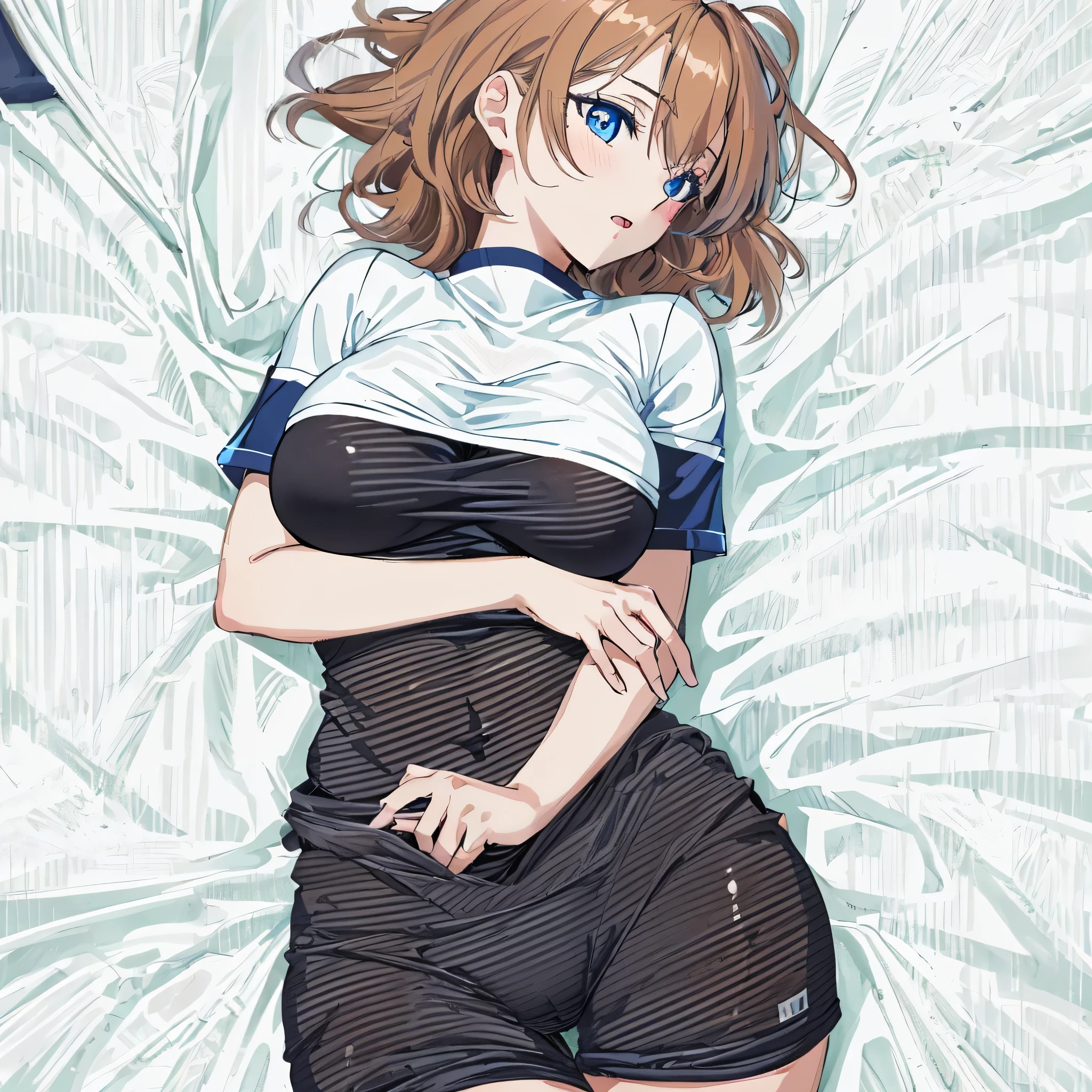 athletic trainer gear,masterpiece, highest quality,shape,,blue eyes,slanted eyes,super dense skin,,fine and beautiful eyes,highlight,high school girl,red eyes,brown hair,super dense skin,calf white socks,interrupt sleep,(big breasts:1.1), masterpiece, highest quality,figure,buckshot,sportswear,blue eyes,slanted eyes,super dense skin,(medium breasts:1.2), (A raised and well-defined bust:1.2), (lifted chest:1.2), (perky chest :1.2),highlight,